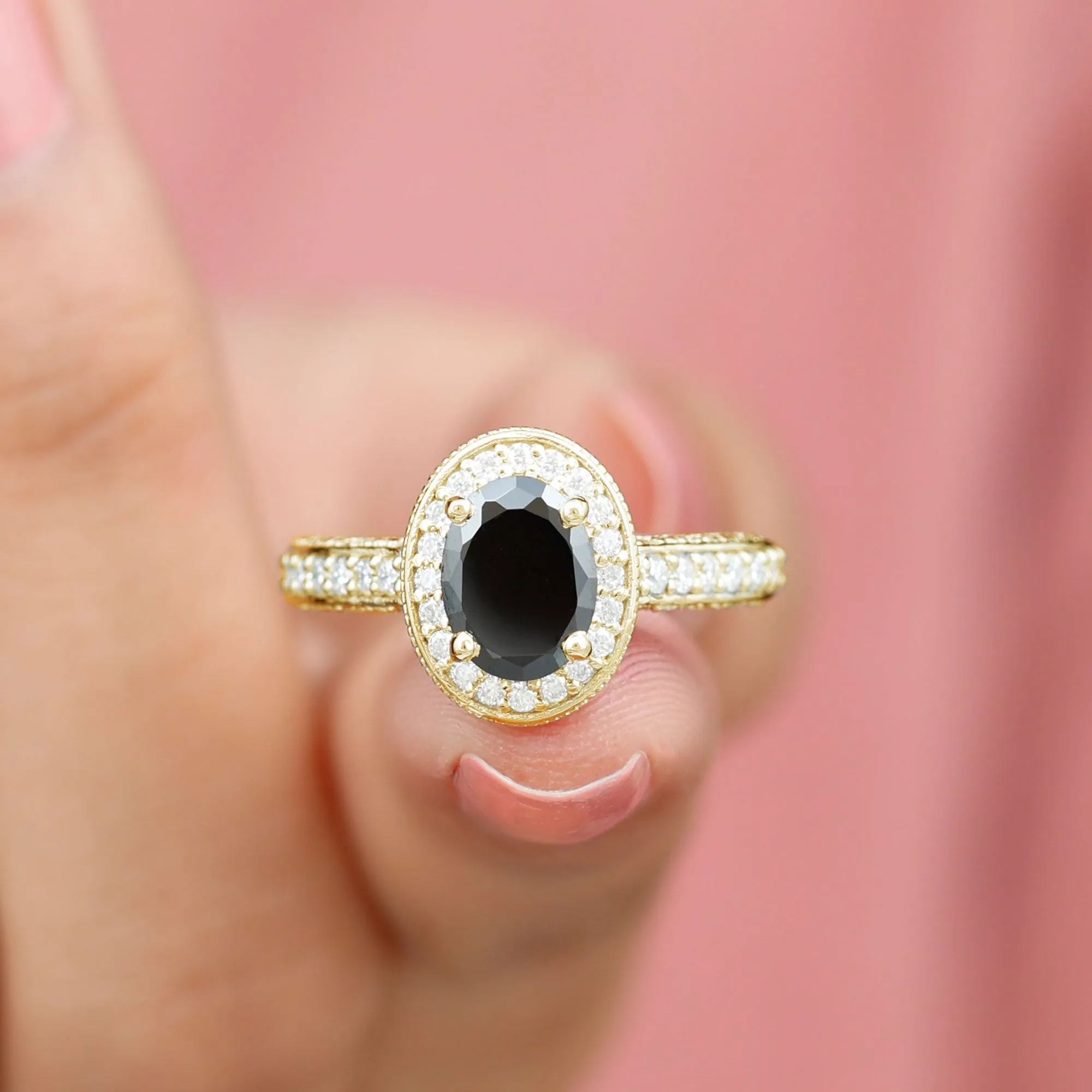 2 CT Black Onyx and Diamond Engagement Ring with Milgrain Details
