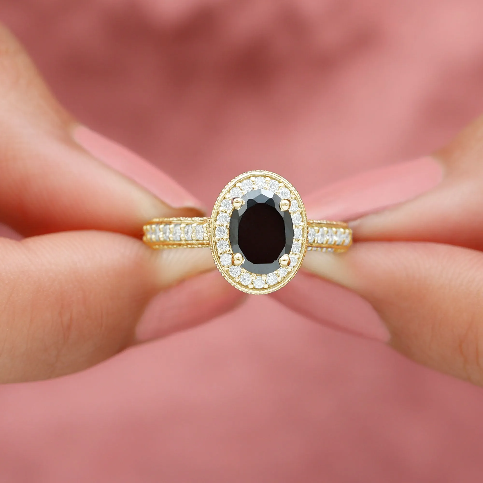 2 CT Black Onyx and Diamond Engagement Ring with Milgrain Details