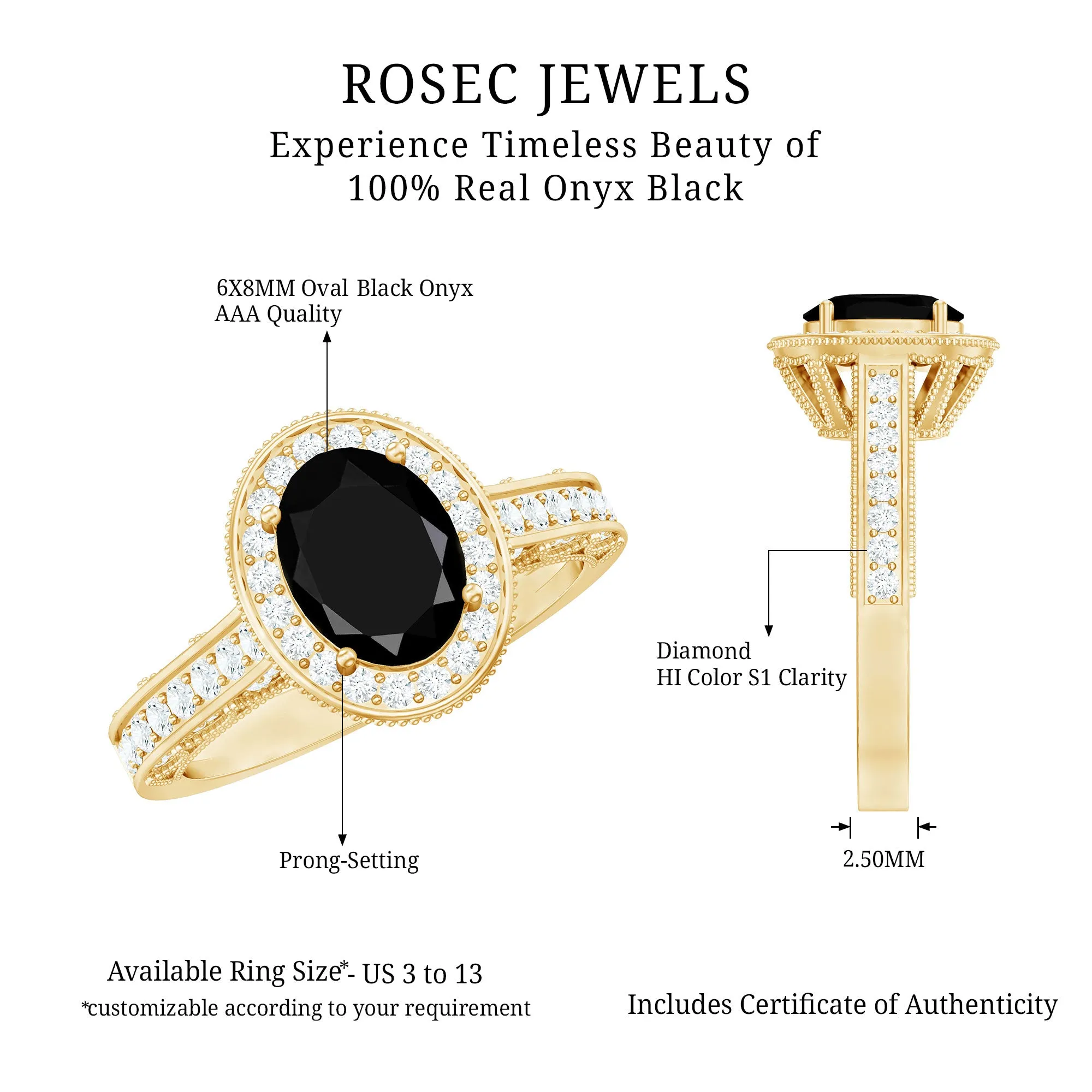 2 CT Black Onyx and Diamond Engagement Ring with Milgrain Details