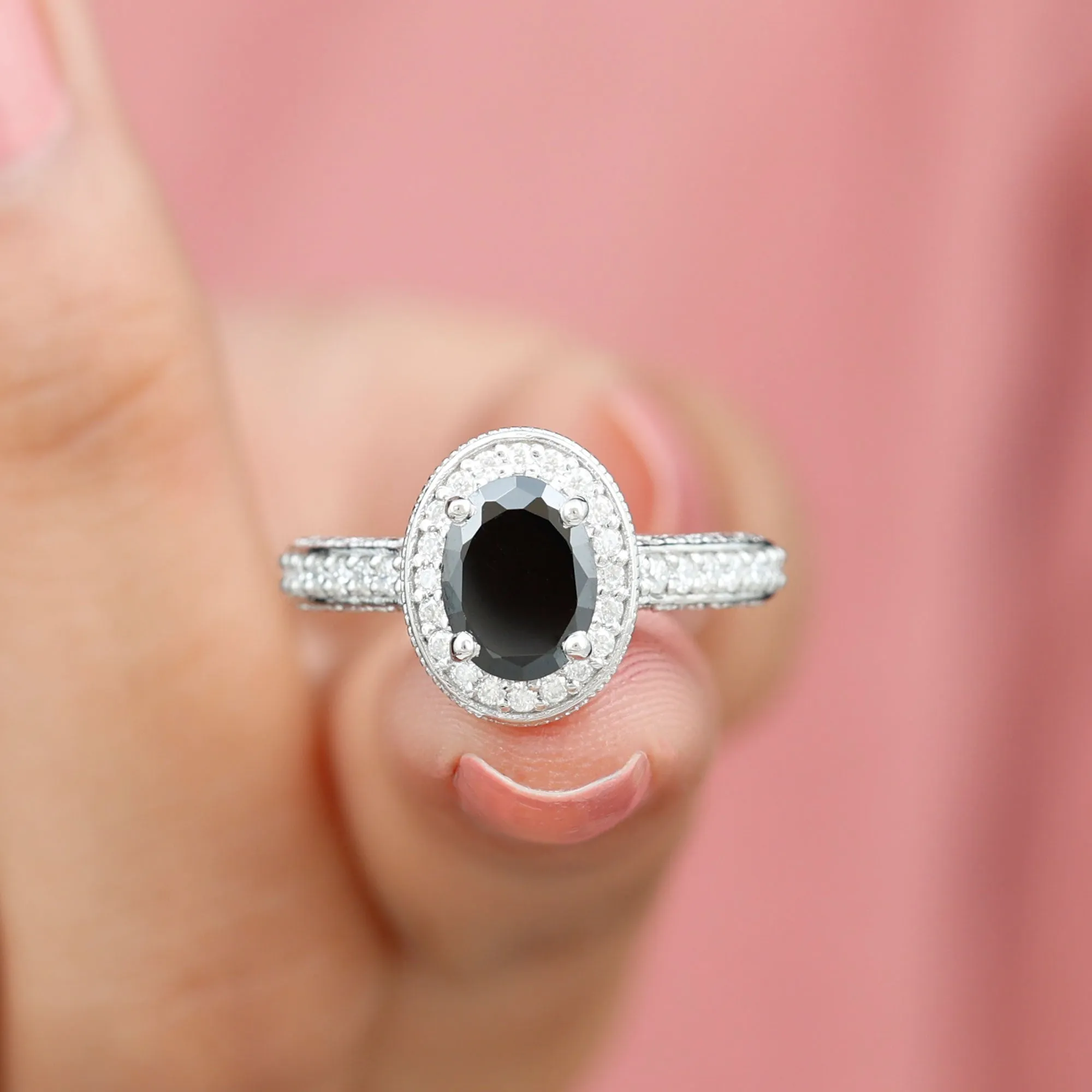 2 CT Black Onyx and Diamond Engagement Ring with Milgrain Details