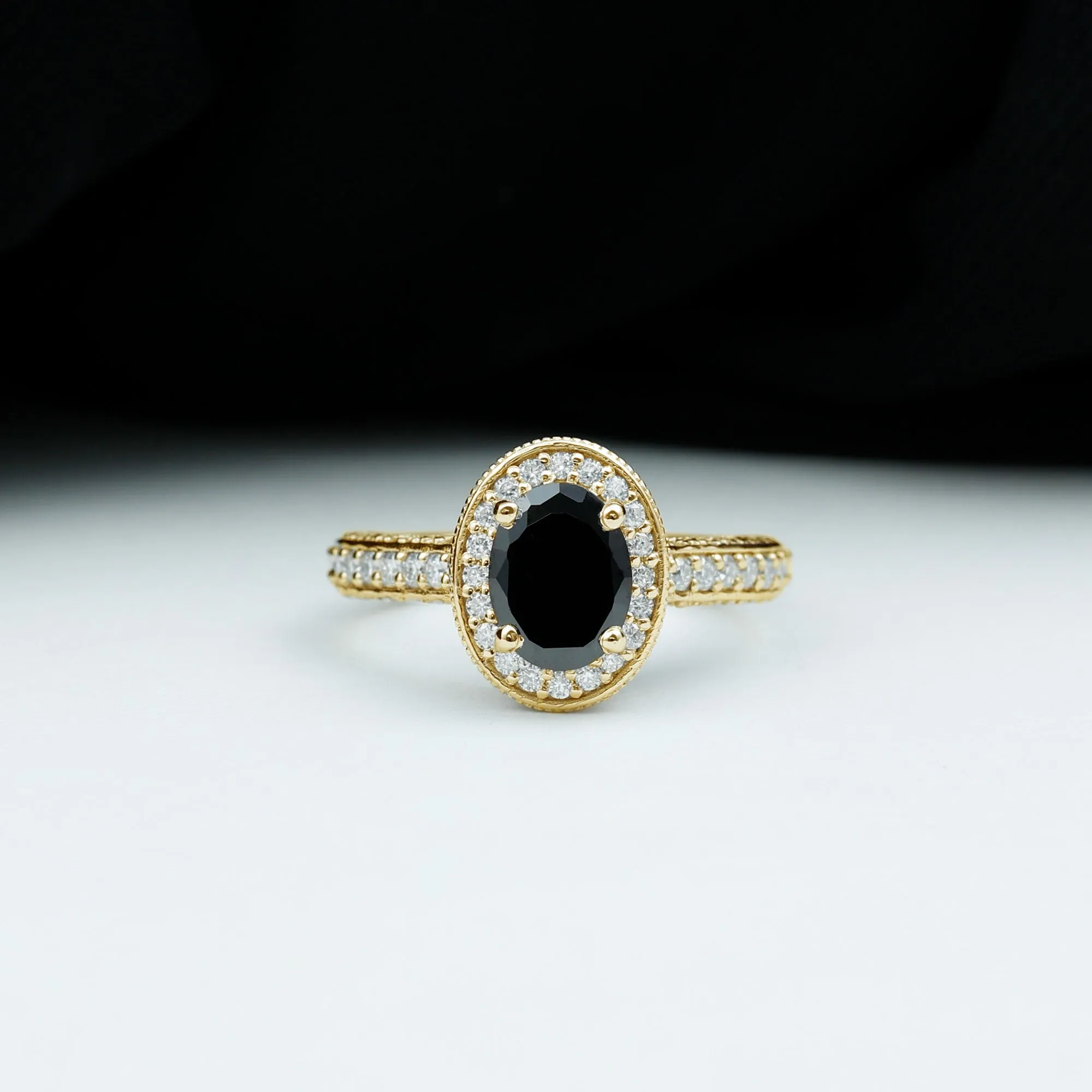 2 CT Black Onyx and Diamond Engagement Ring with Milgrain Details