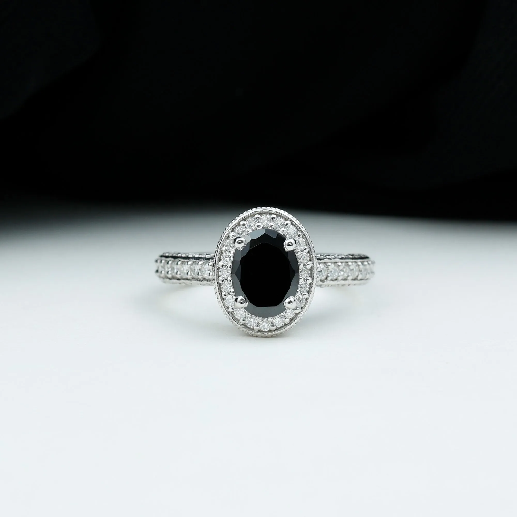 2 CT Black Onyx and Diamond Engagement Ring with Milgrain Details