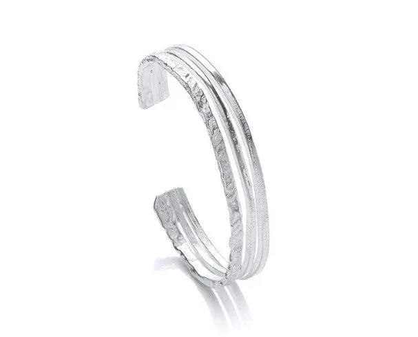 3 Bar Silver Cuff Bangle with Texture