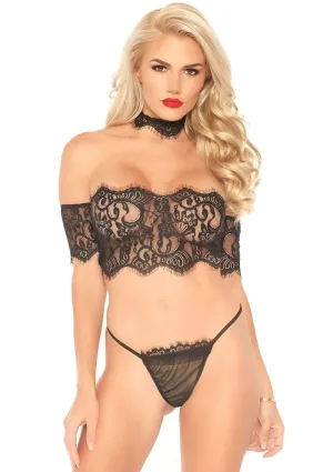 3 Pc Eyelash Strapless Crop Top With Cuff Sleeves Choker and Matching G-String - Black - Medium- Large