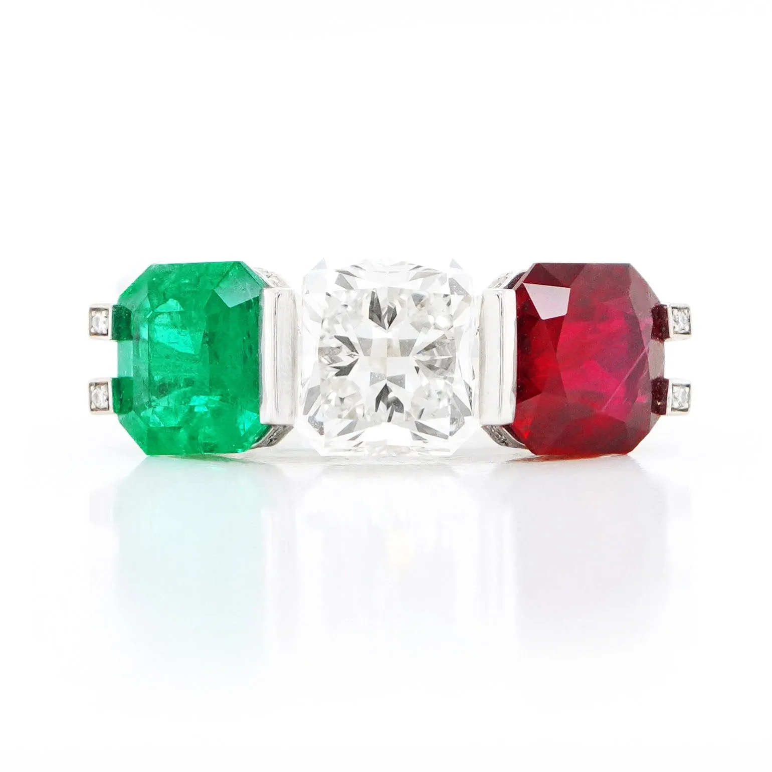 3.01 / 2.83 / 1.58 cts Unheated Octagon Ruby and Emerald with Diamond Ring
