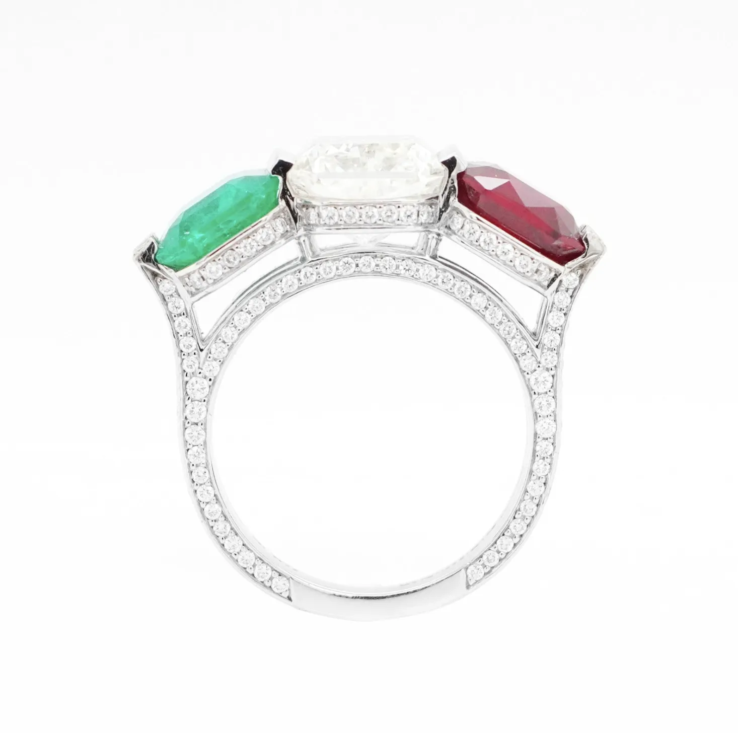 3.01 / 2.83 / 1.58 cts Unheated Octagon Ruby and Emerald with Diamond Ring