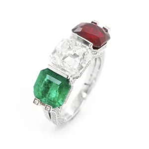 3.01 / 2.83 / 1.58 cts Unheated Octagon Ruby and Emerald with Diamond Ring