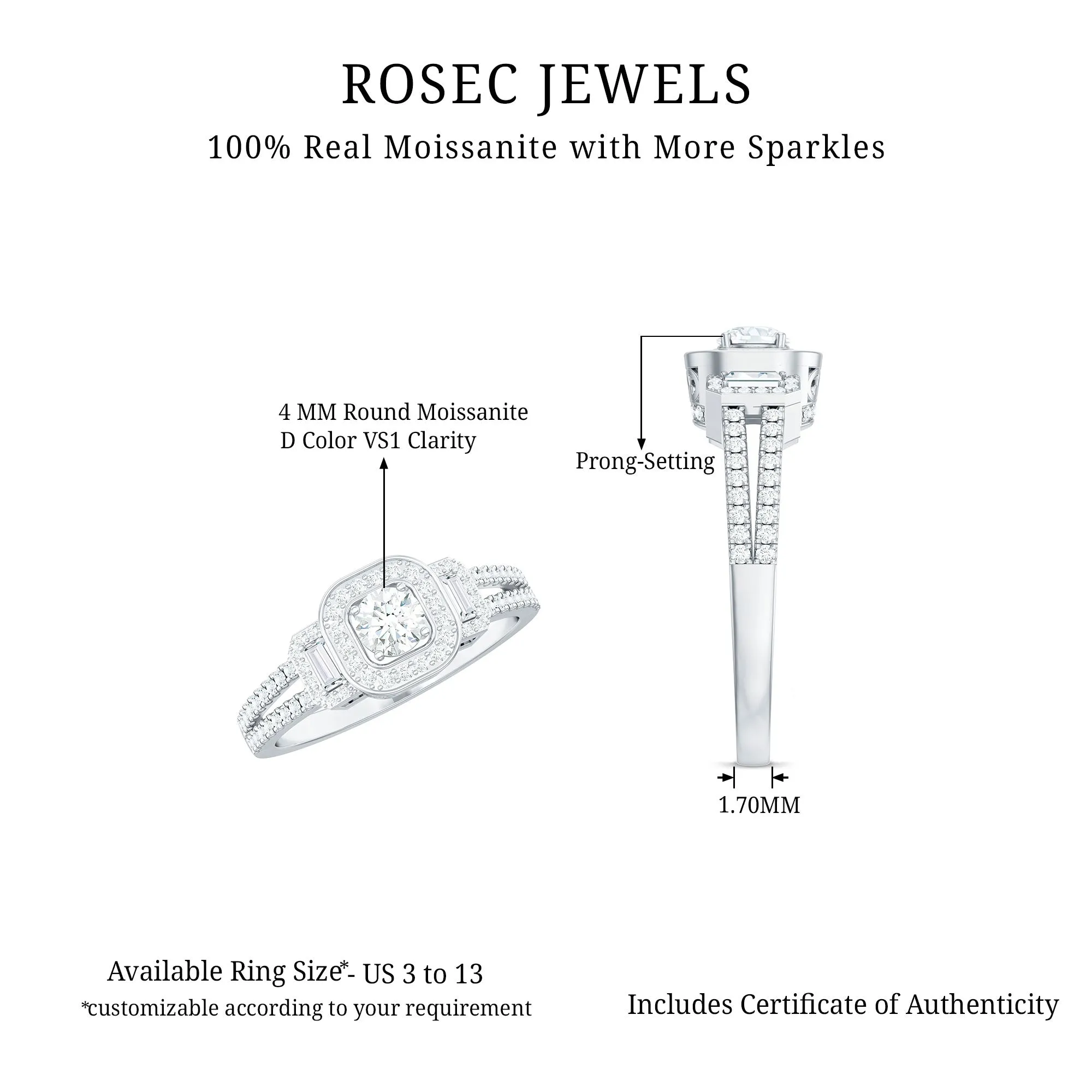 3/4 CT Moissanite Split Shank Engagement Ring