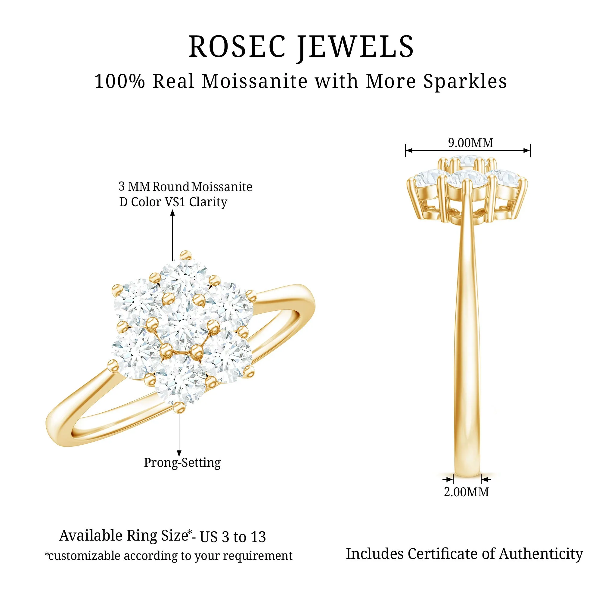 3/4 CT Round Shape Moissanite Cluster Flower Ring