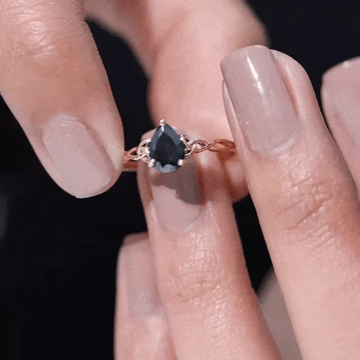5X7 MM Pear Black Onyx Solitaire Celtic Ring with Diamond