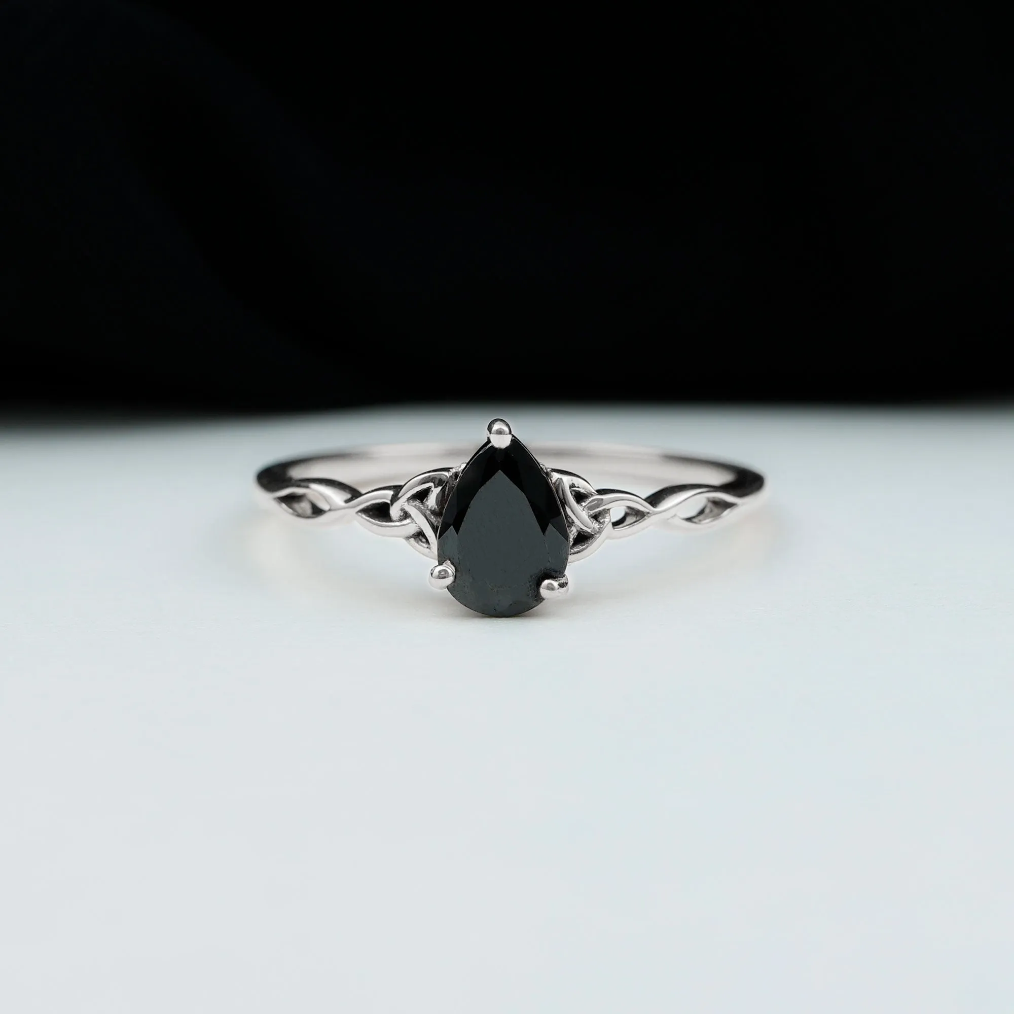 5X7 MM Pear Black Onyx Solitaire Celtic Ring with Diamond