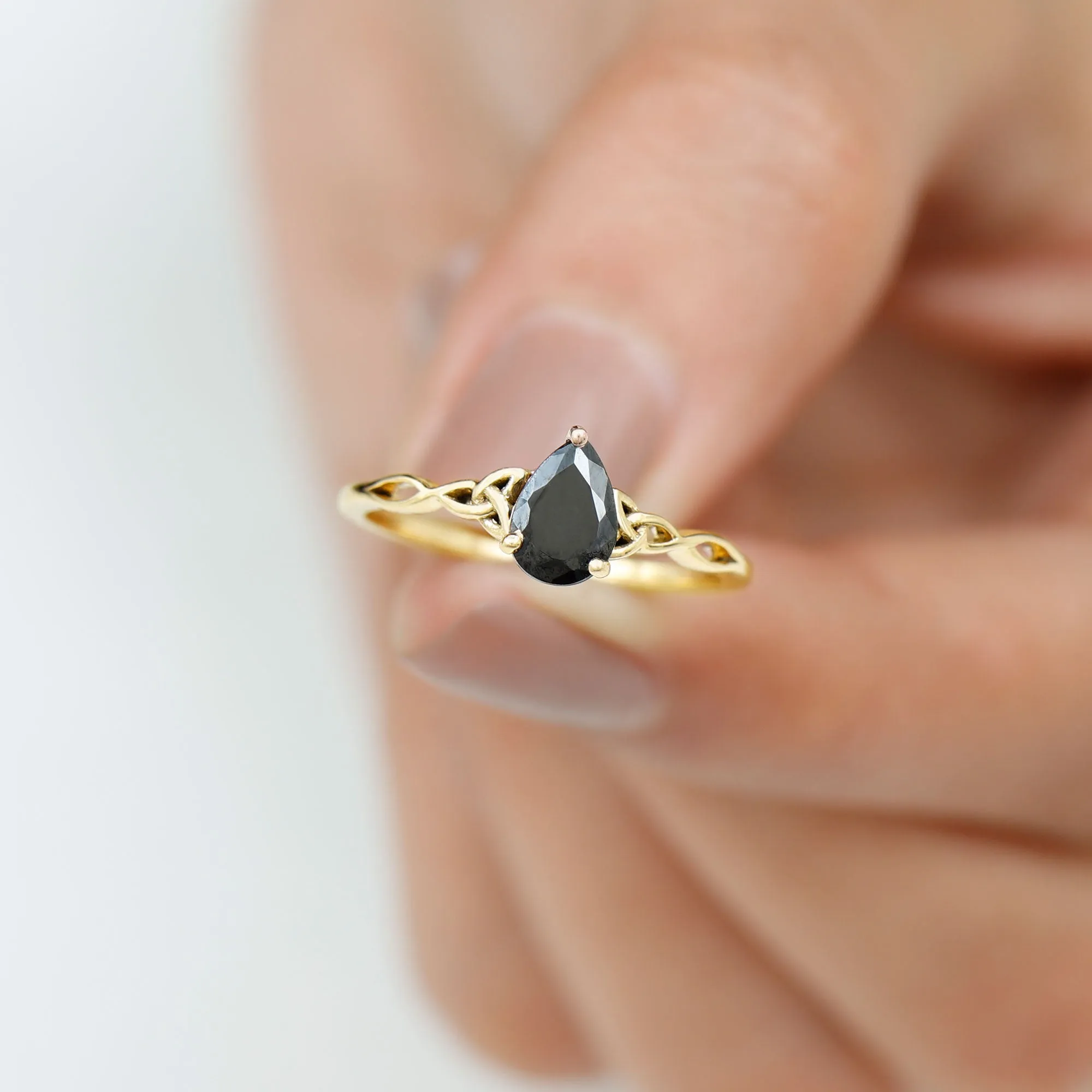5X7 MM Pear Black Onyx Solitaire Celtic Ring with Diamond