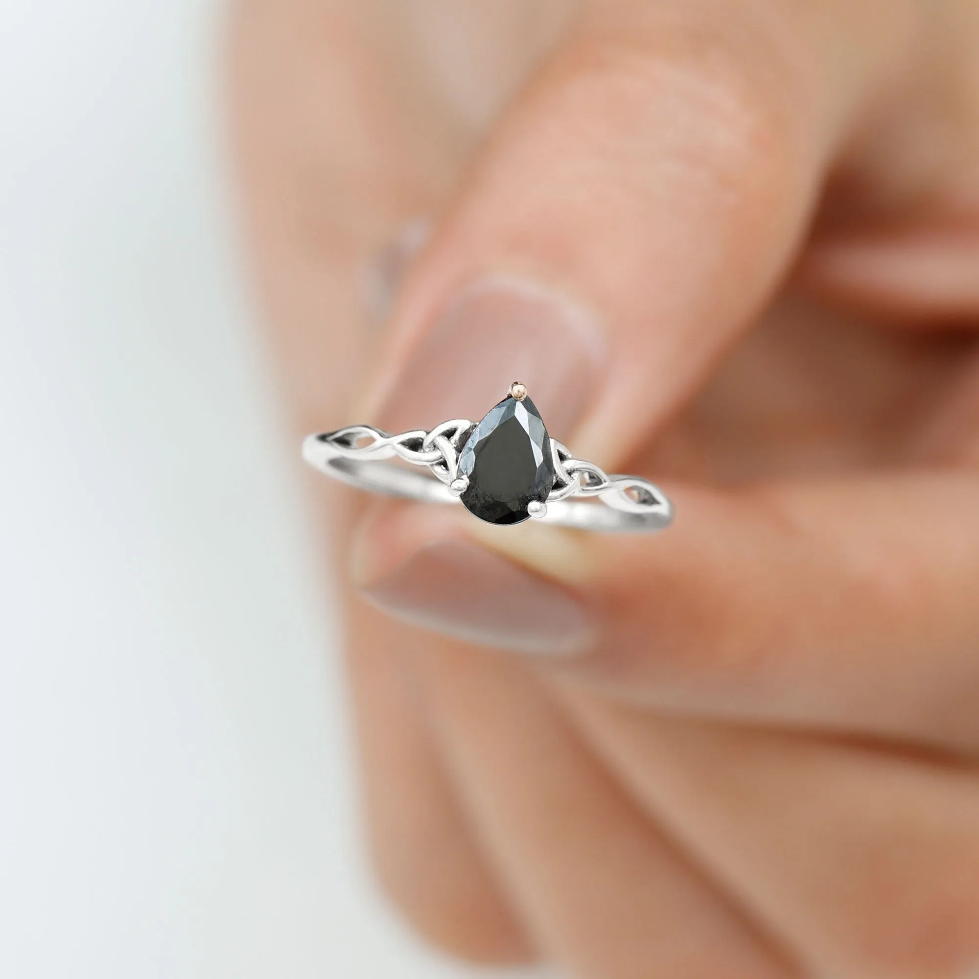 5X7 MM Pear Black Onyx Solitaire Celtic Ring with Diamond
