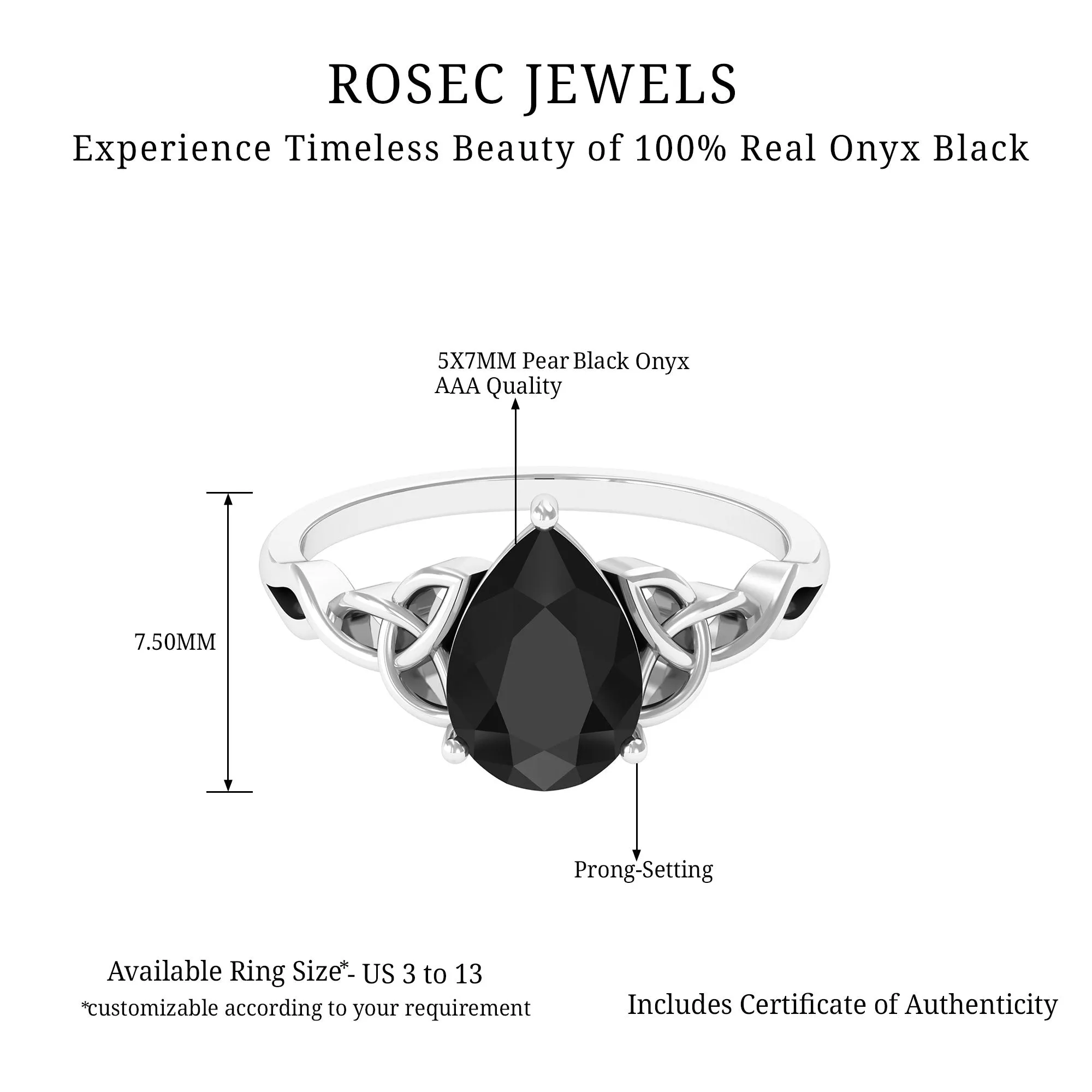 5X7 MM Pear Black Onyx Solitaire Celtic Ring with Diamond