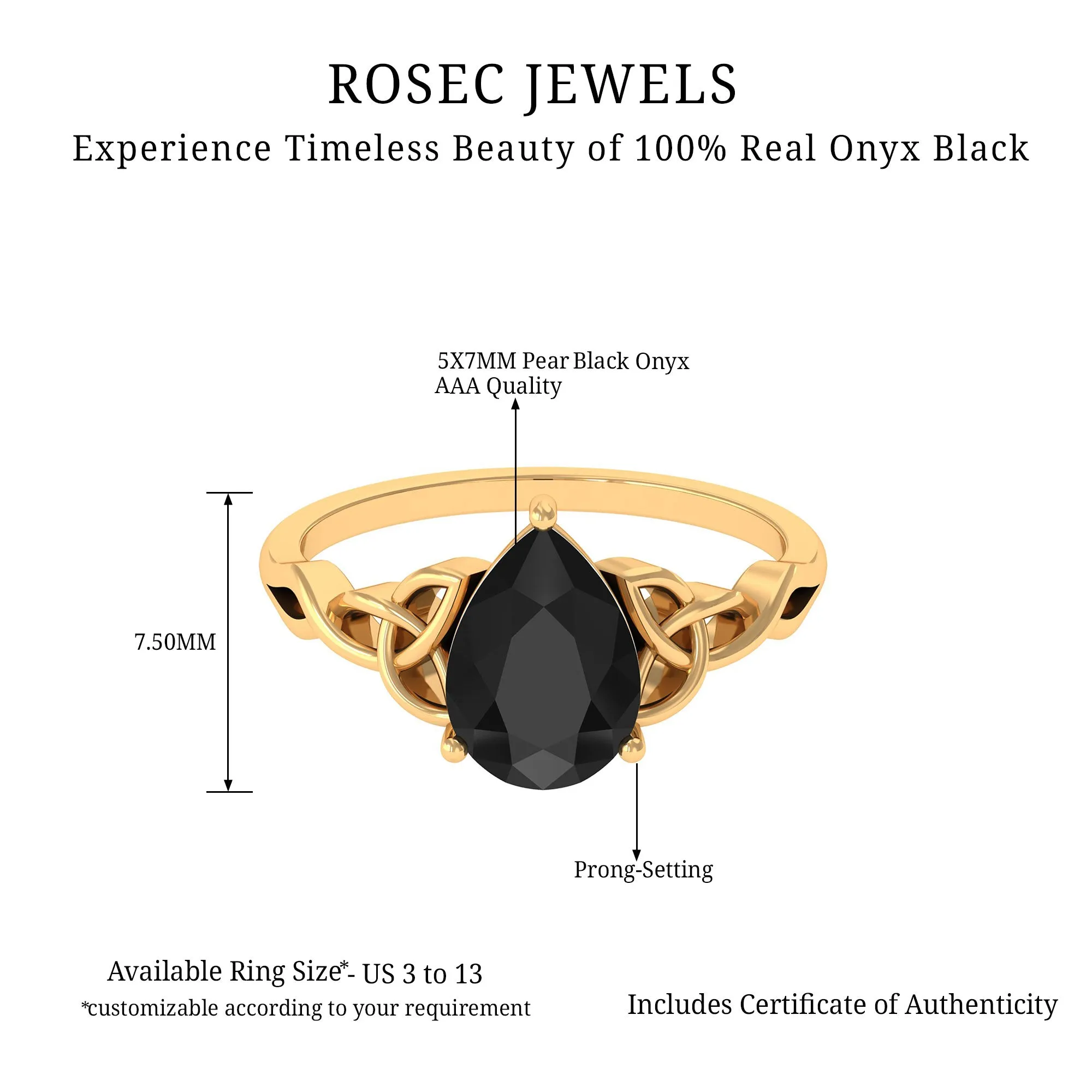 5X7 MM Pear Black Onyx Solitaire Celtic Ring with Diamond