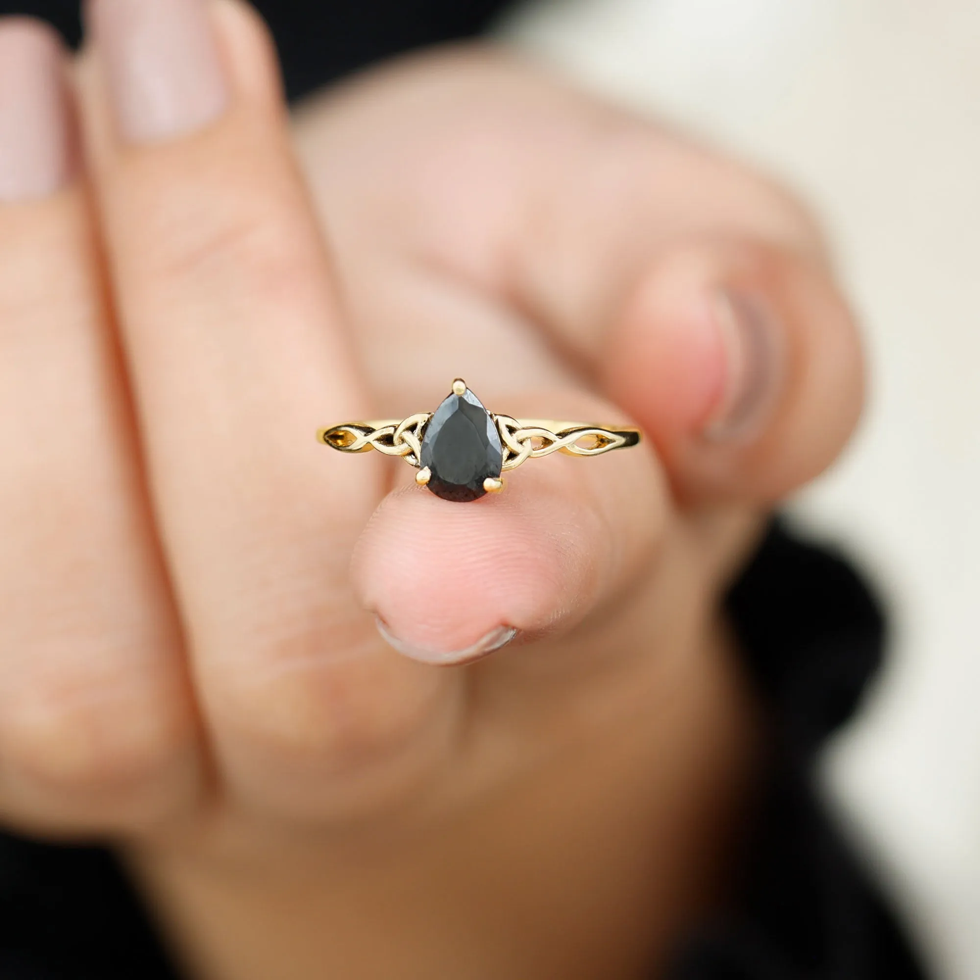 5X7 MM Pear Black Onyx Solitaire Celtic Ring with Diamond