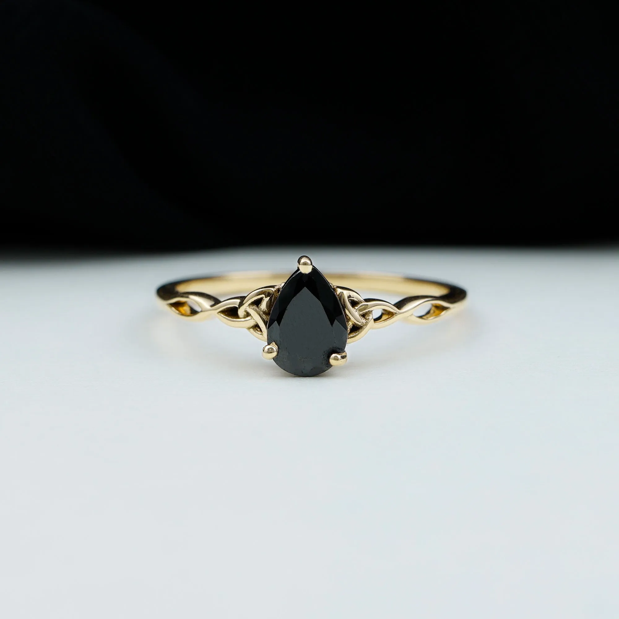 5X7 MM Pear Black Onyx Solitaire Celtic Ring with Diamond