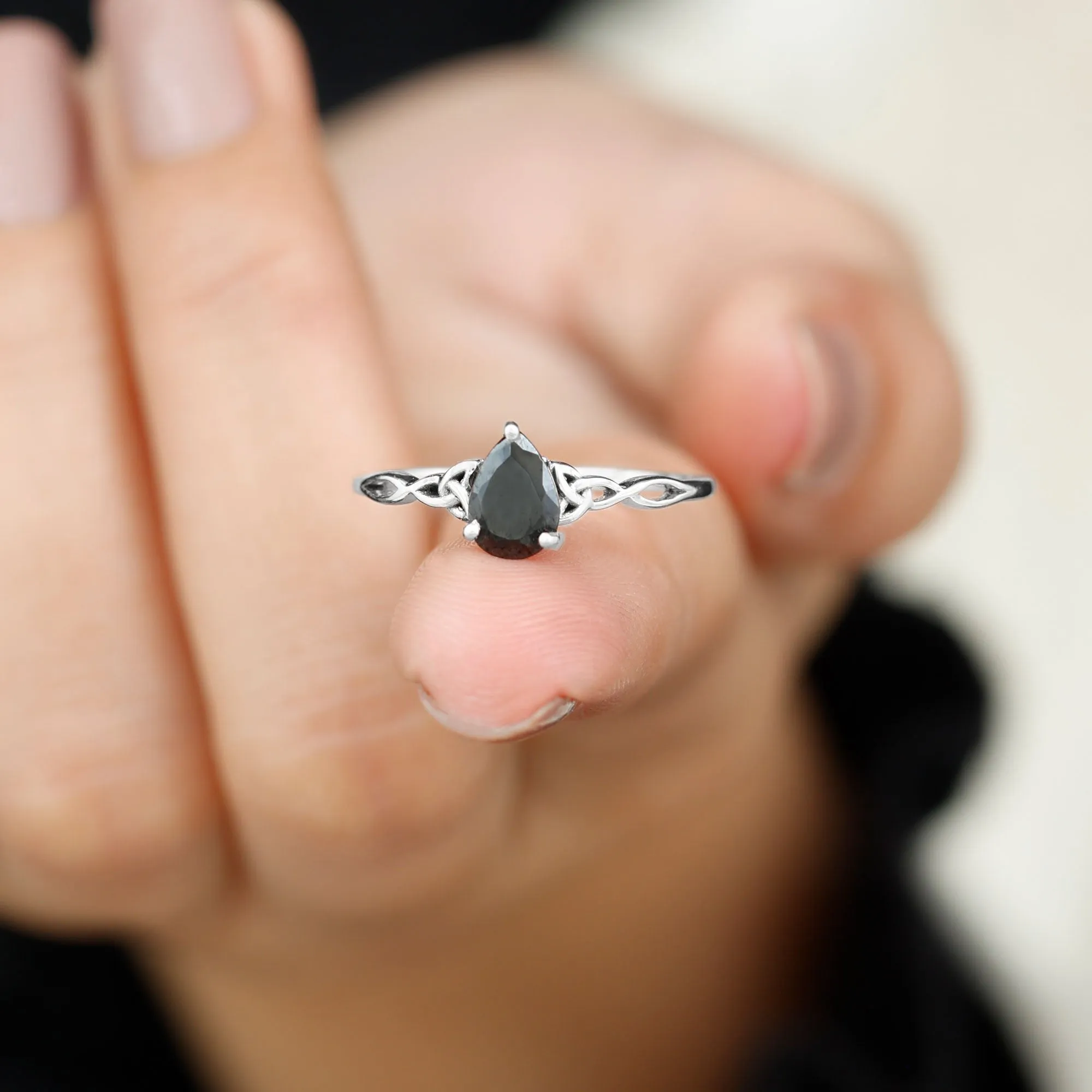 5X7 MM Pear Black Onyx Solitaire Celtic Ring with Diamond