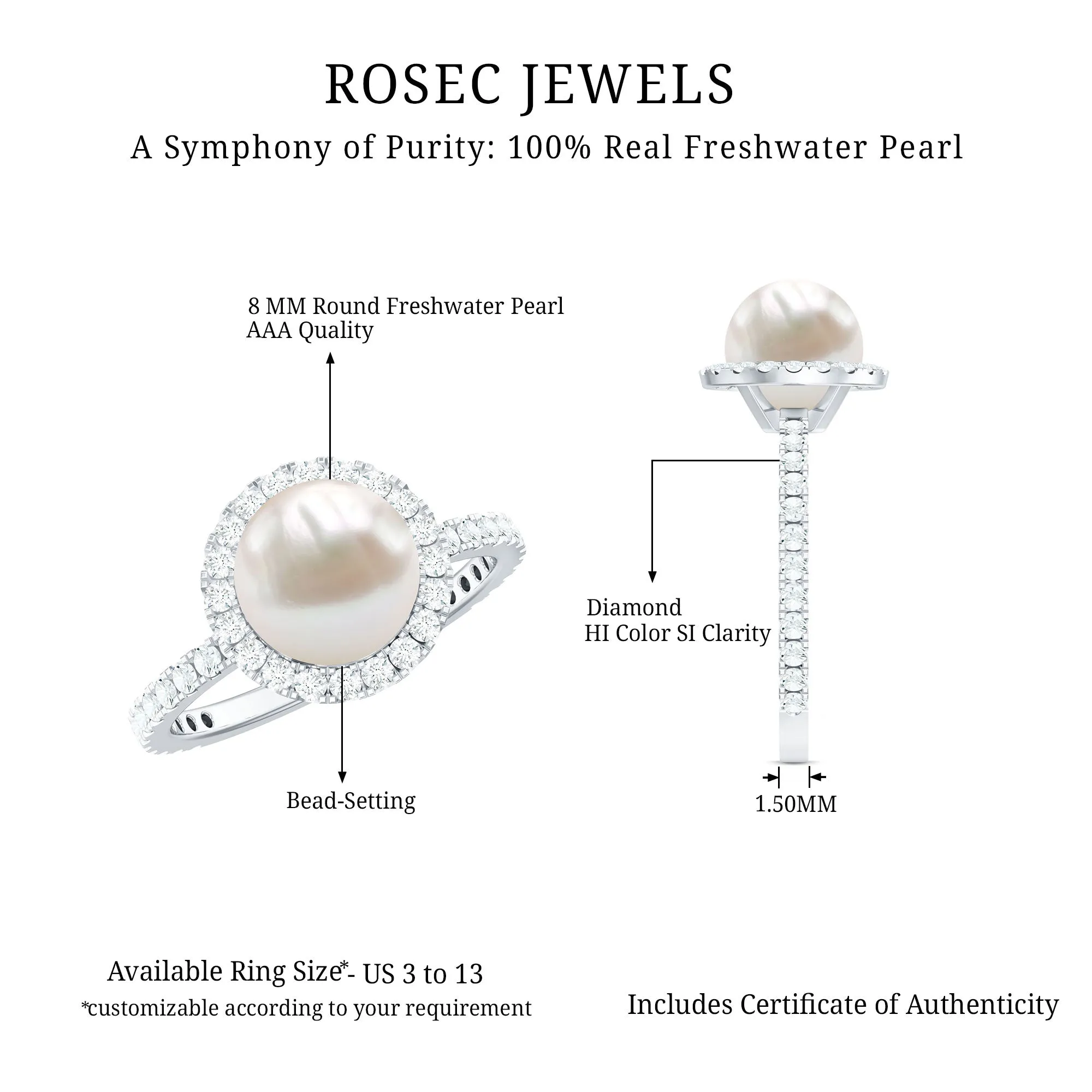 8 MM Freshwater Pearl and Diamond Floating Halo Engagement Ring