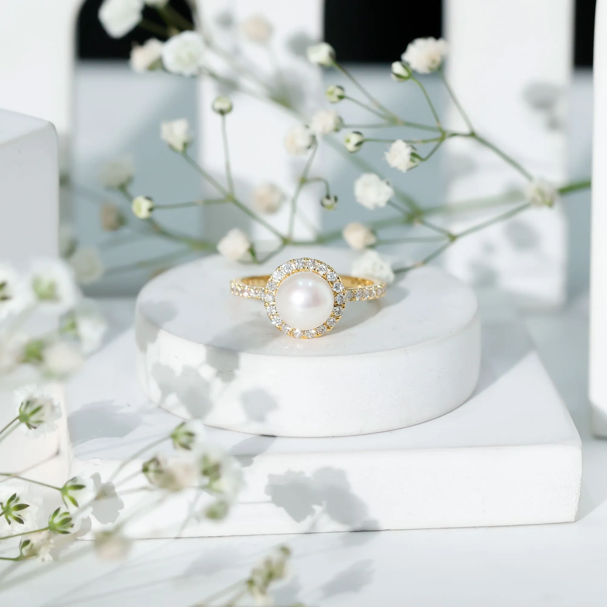 8 MM Freshwater Pearl and Diamond Floating Halo Engagement Ring