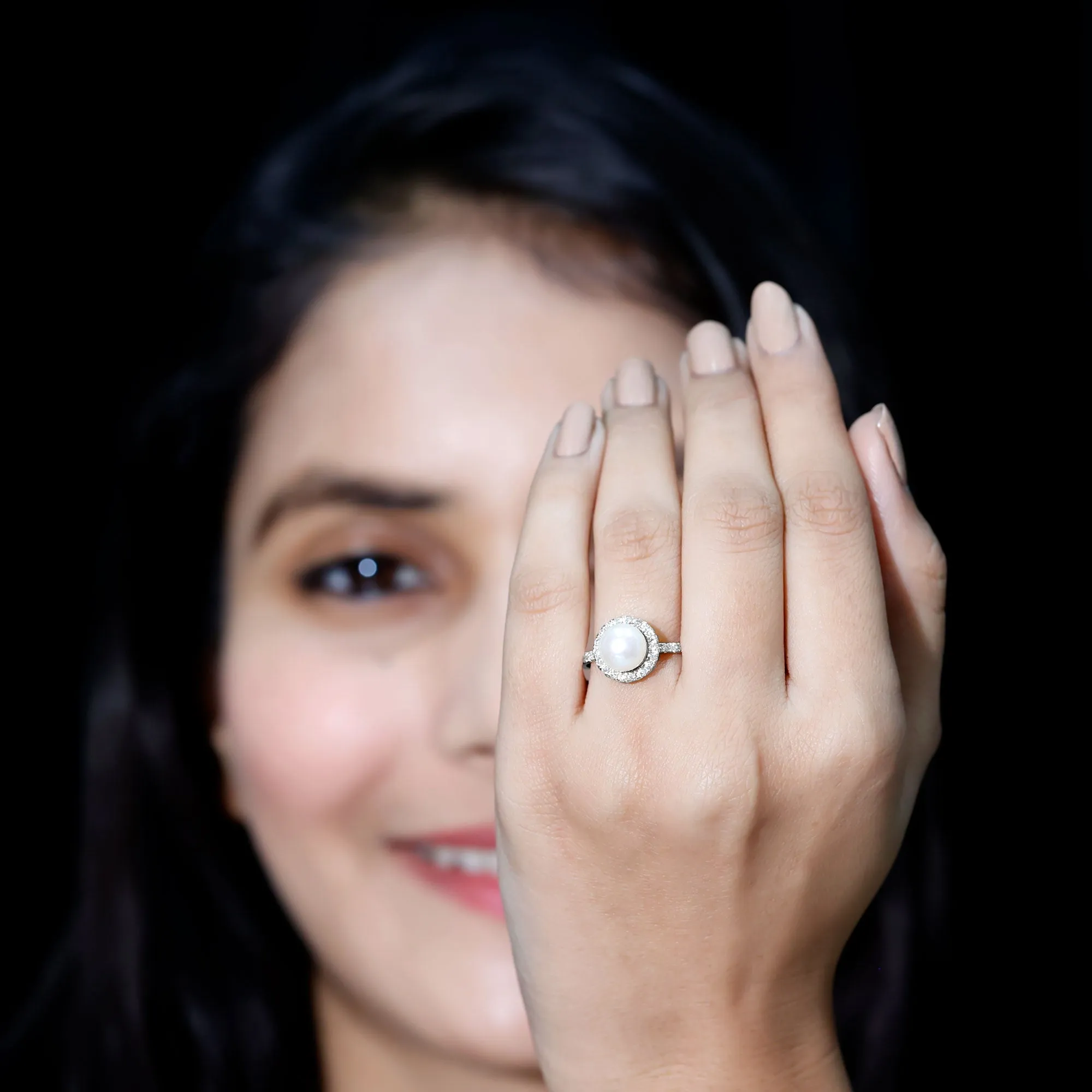 8 MM Freshwater Pearl and Diamond Floating Halo Engagement Ring