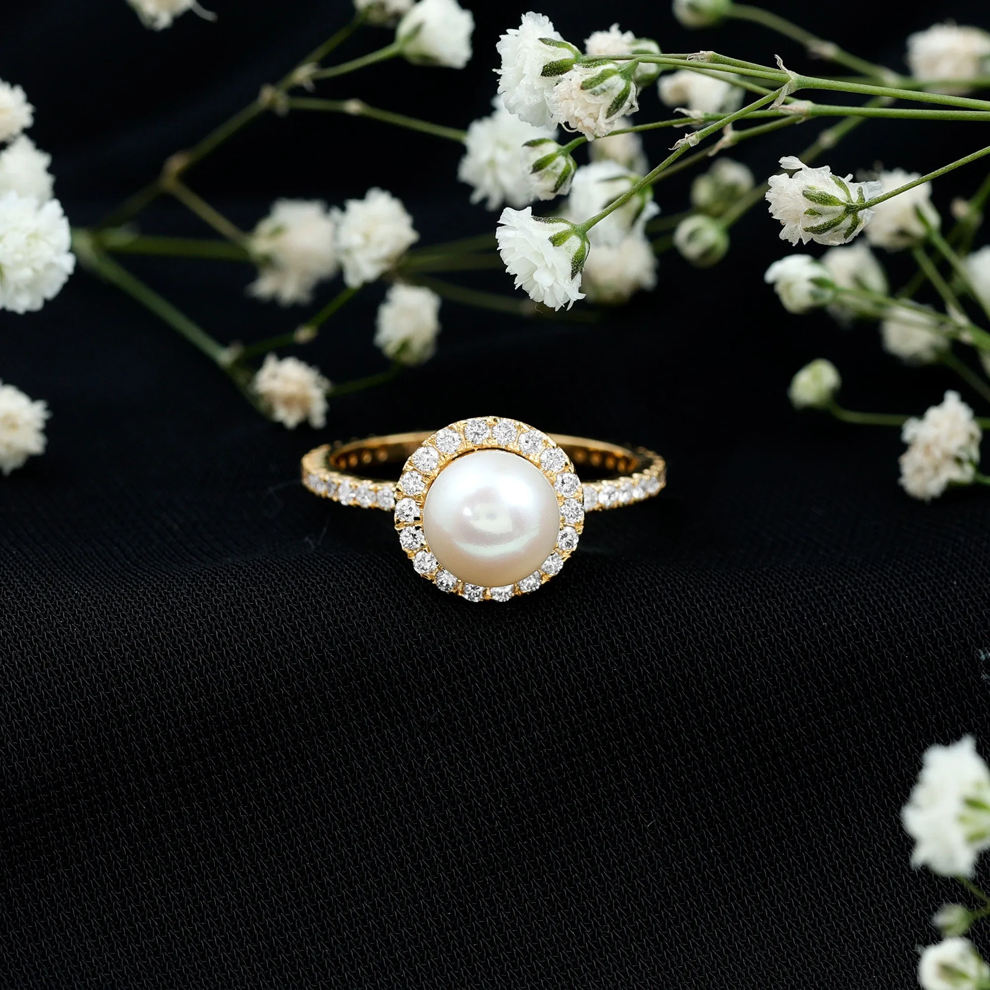 8 MM Freshwater Pearl and Diamond Floating Halo Engagement Ring