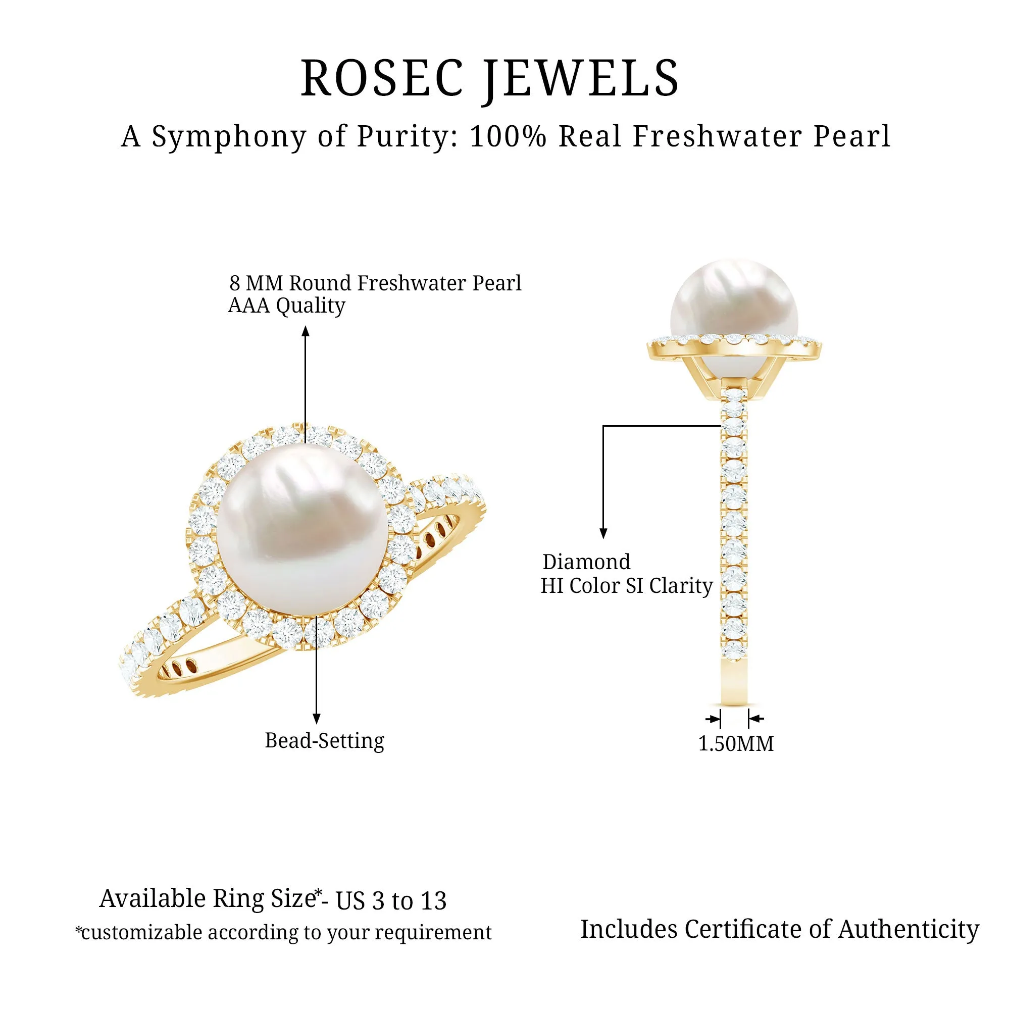 8 MM Freshwater Pearl and Diamond Floating Halo Engagement Ring