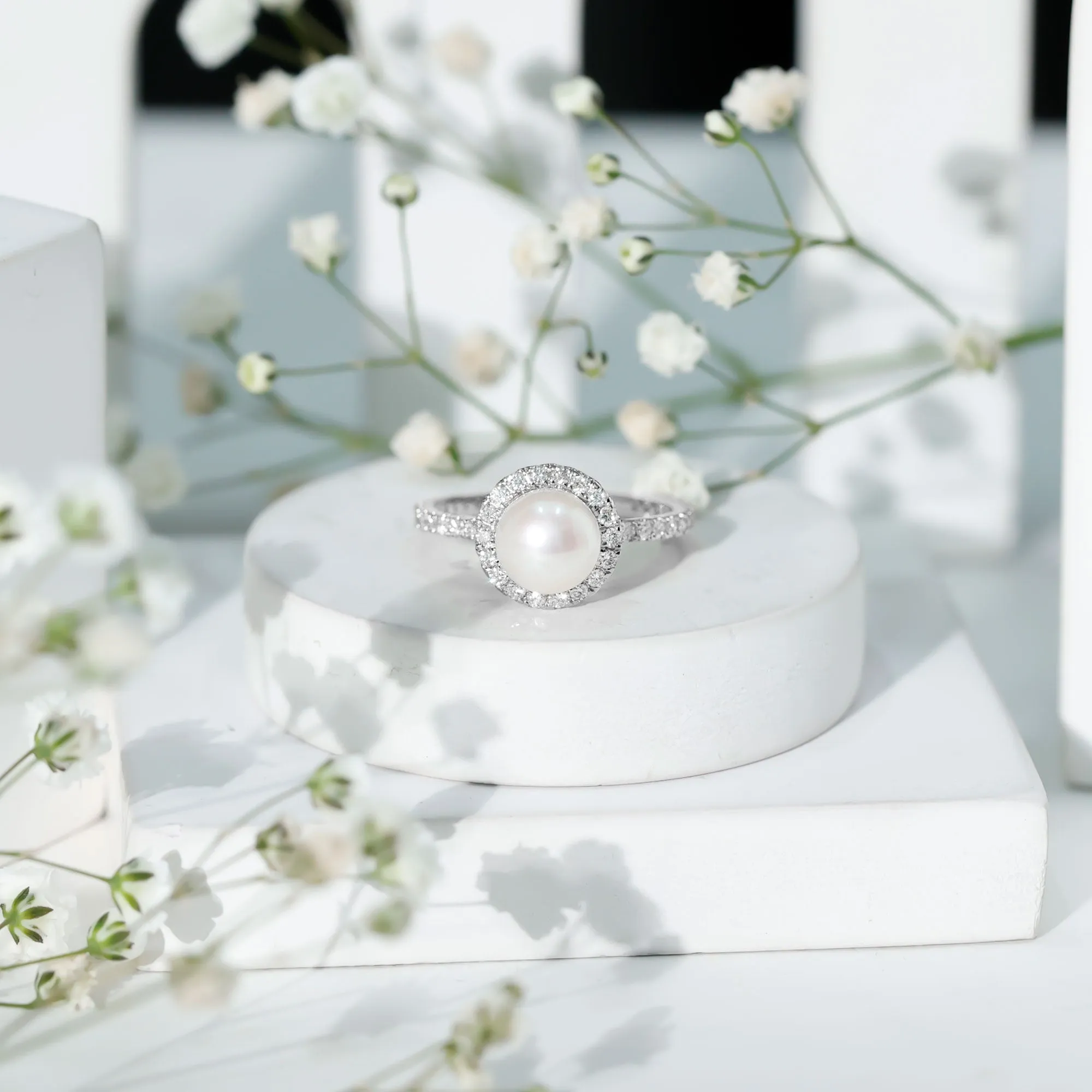 8 MM Freshwater Pearl and Diamond Floating Halo Engagement Ring