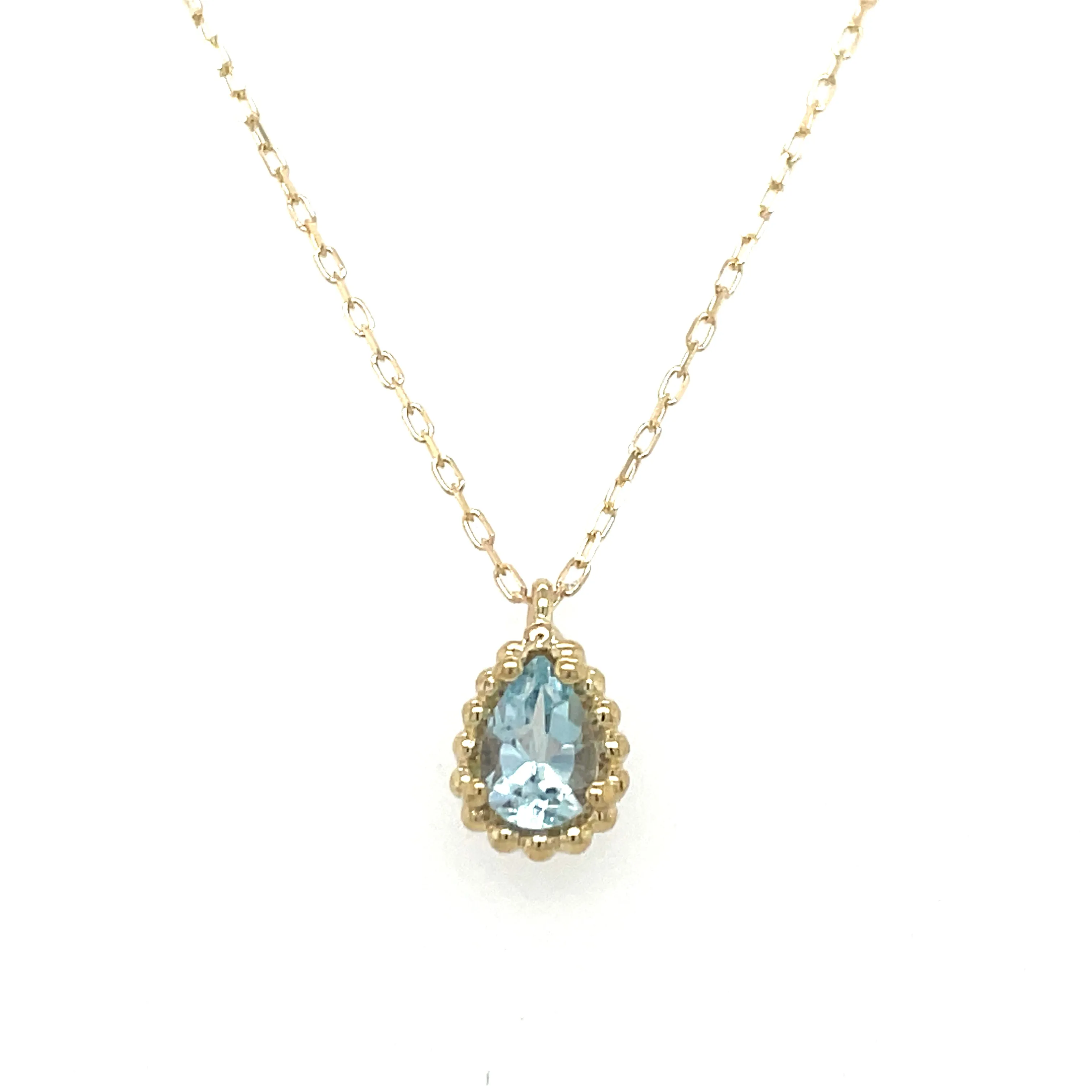 9ct Yellow Gold Pear Cut Blue Topaz Necklace with Dotted Edge