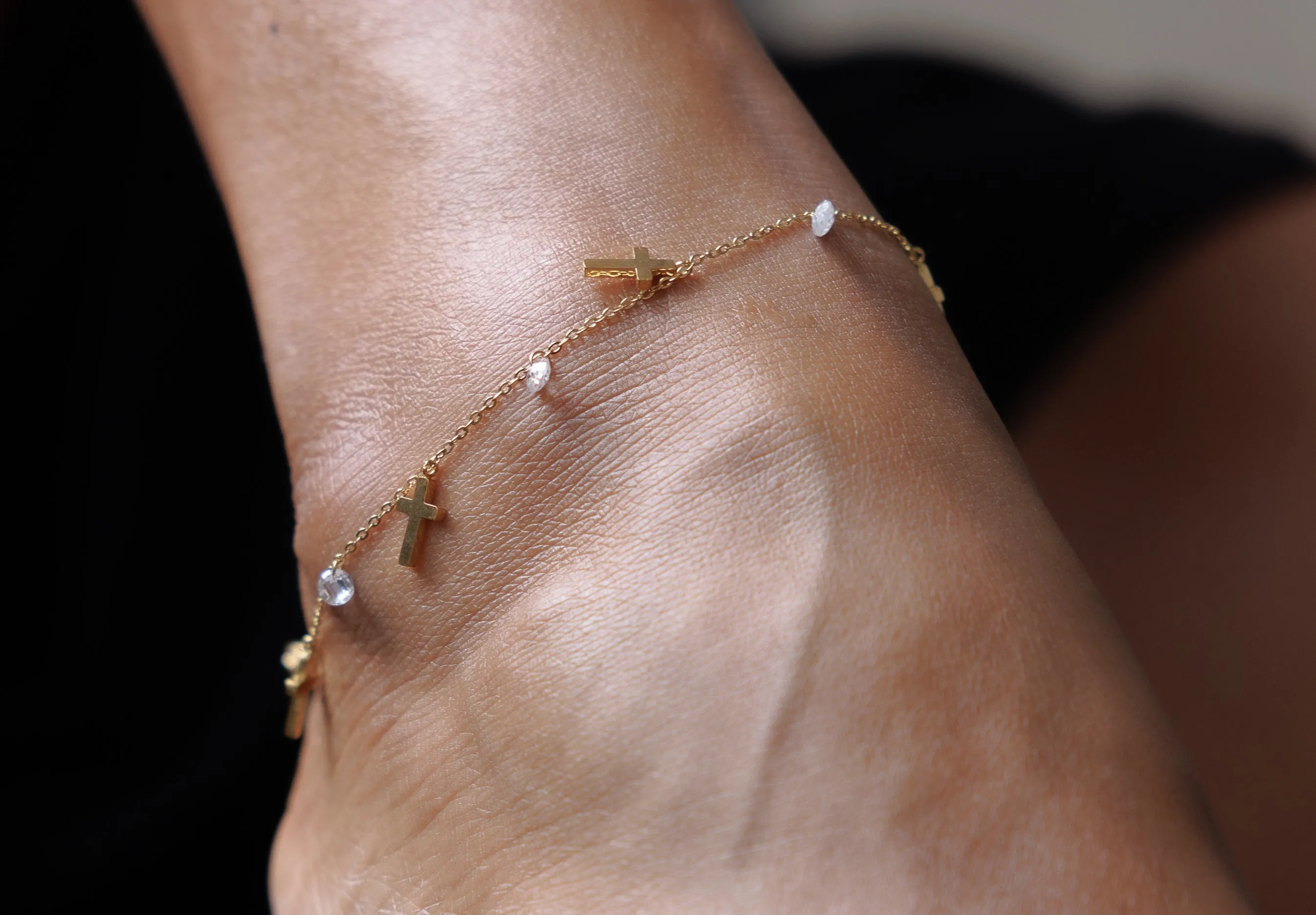 Adjustable Cross & Crystal Anklet