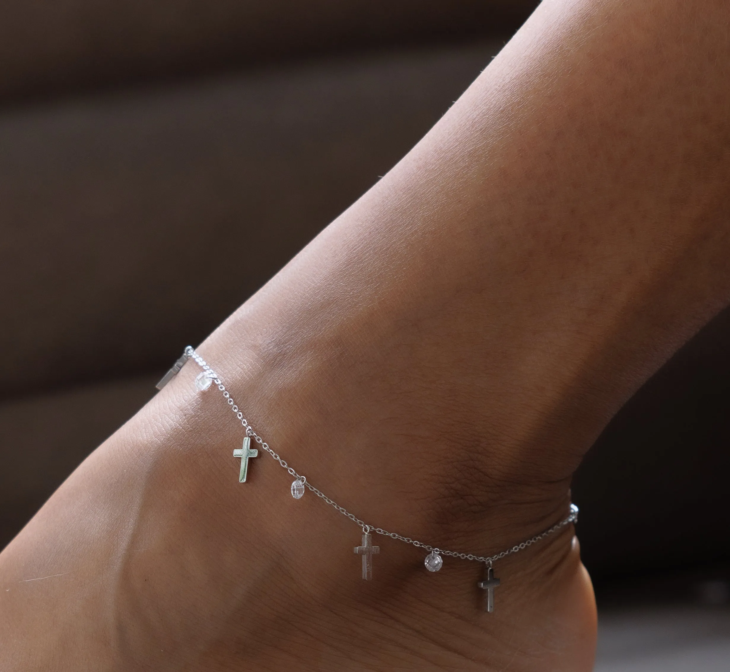 Adjustable Cross & Crystal Anklet