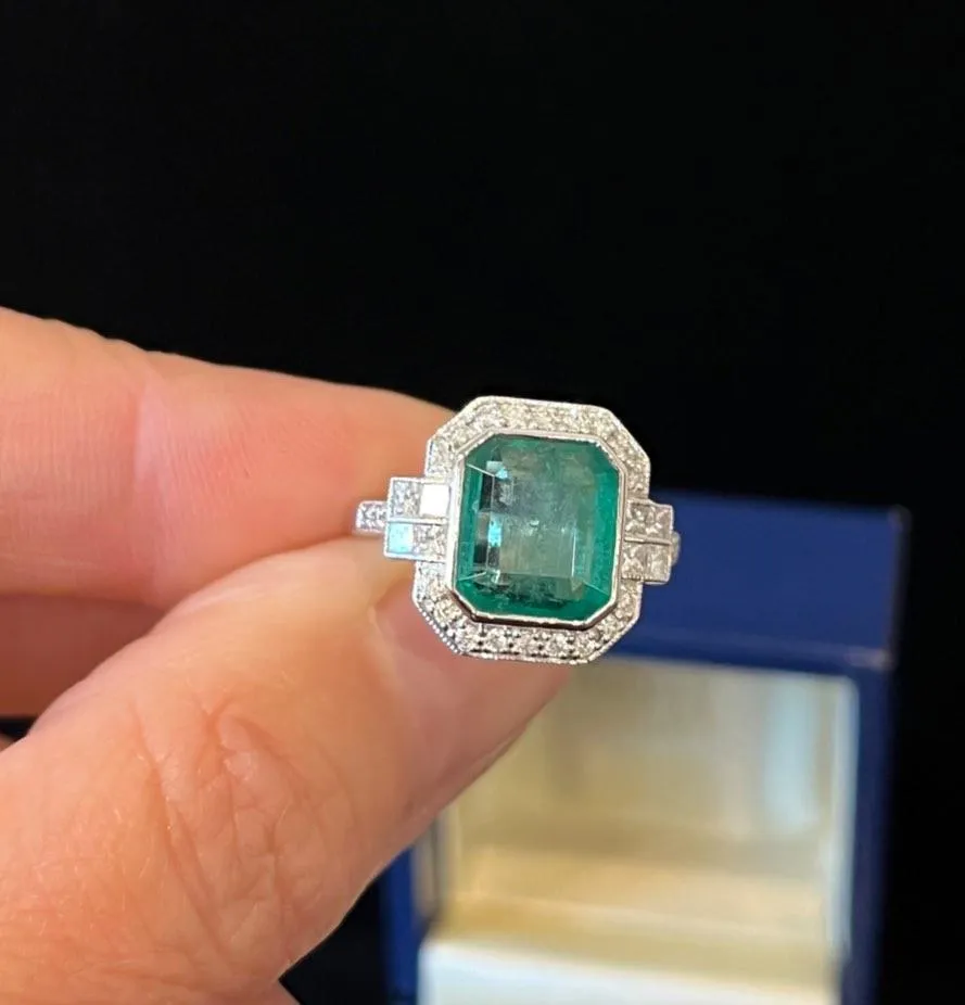 Art Deco Style 3.80ct Emerald and Diamond Ring