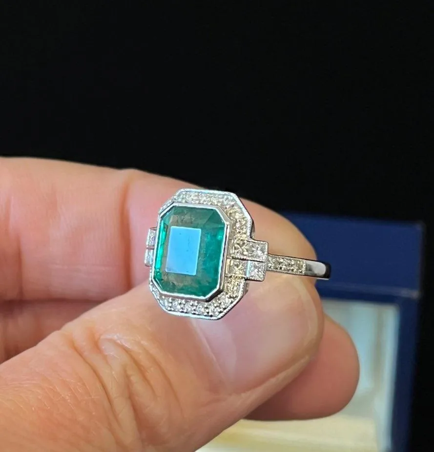 Art Deco Style 3.80ct Emerald and Diamond Ring