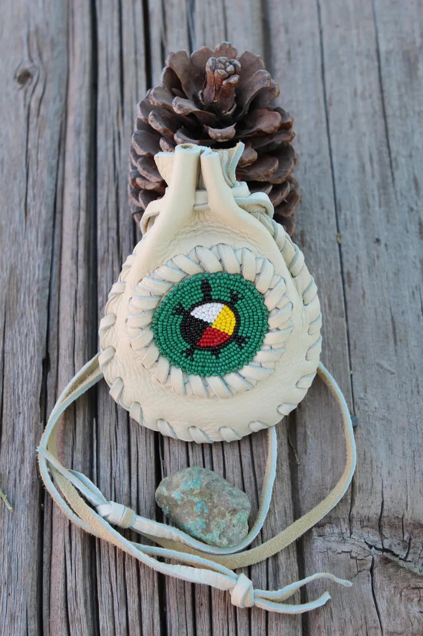 Beaded turtle medicine bag, leather pouch