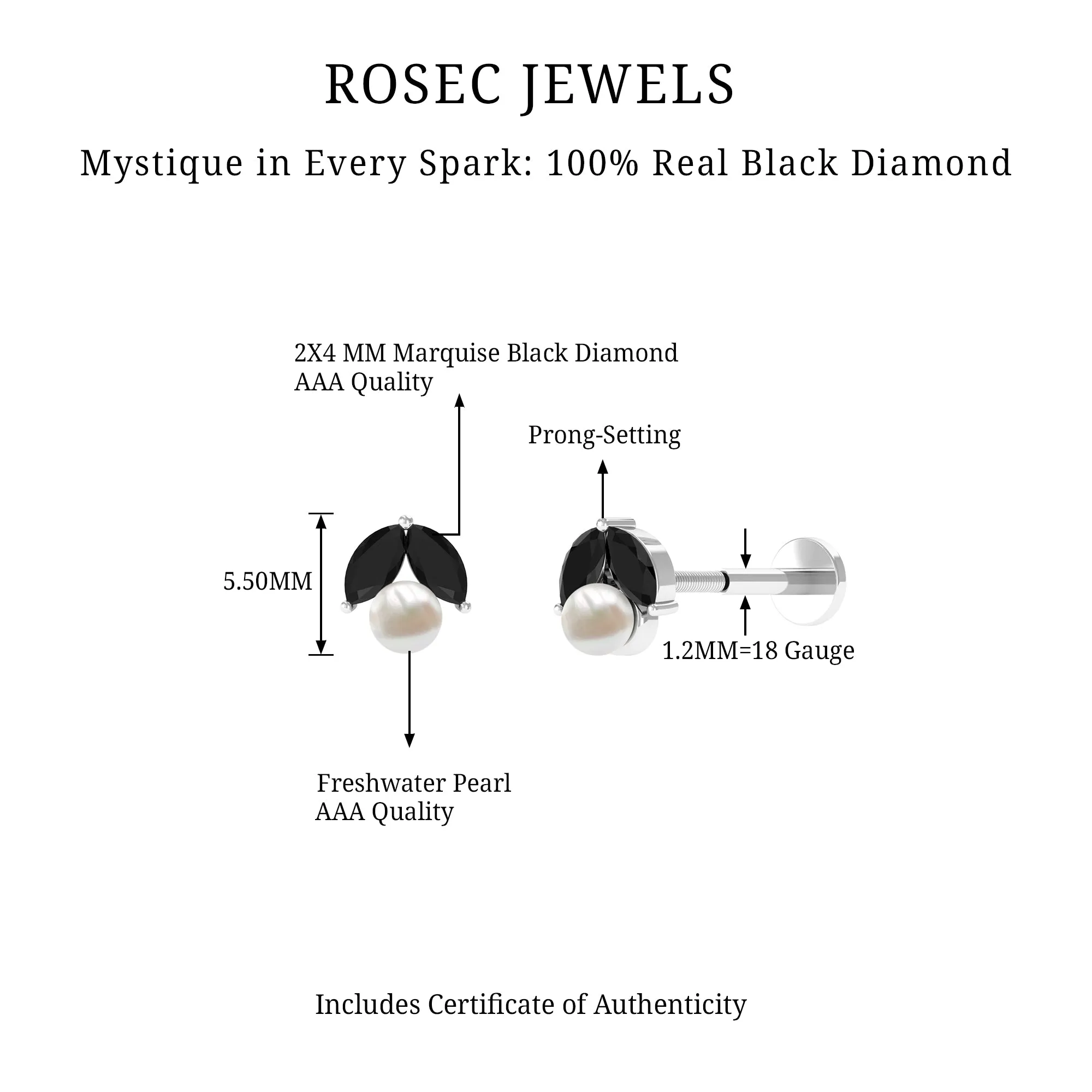 Black Diamond and Freshwater Pearl Cartilage Earring
