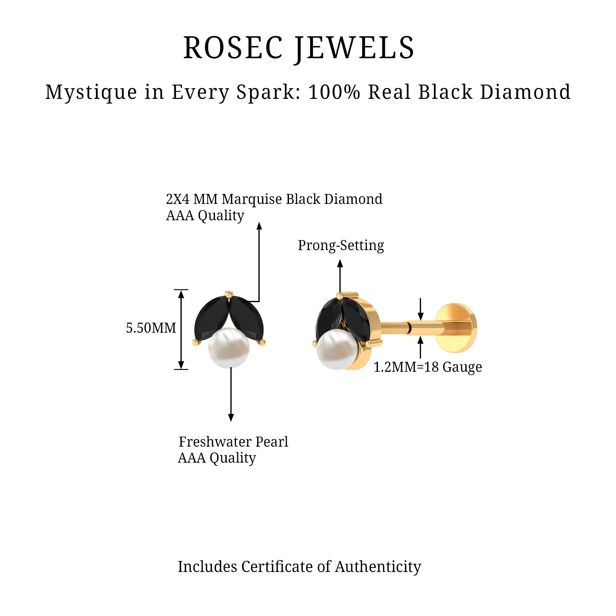 Black Diamond and Freshwater Pearl Cartilage Earring