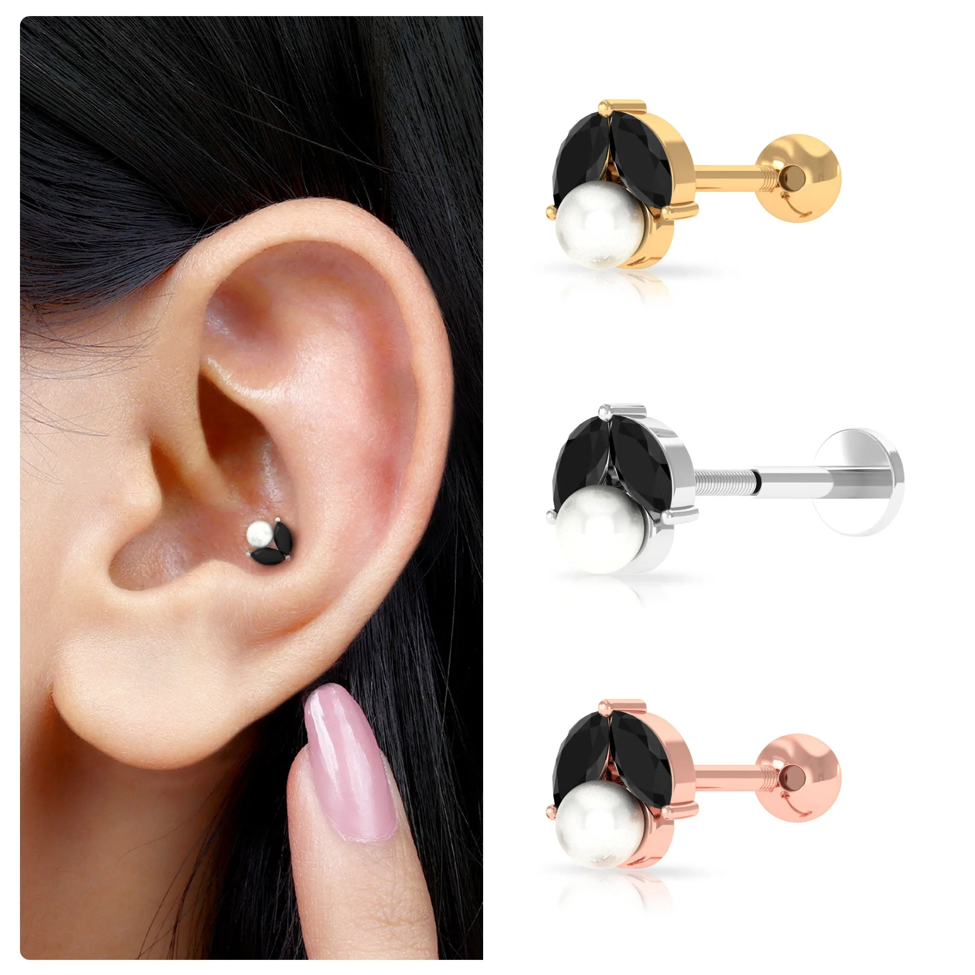 Black Diamond and Freshwater Pearl Cartilage Earring