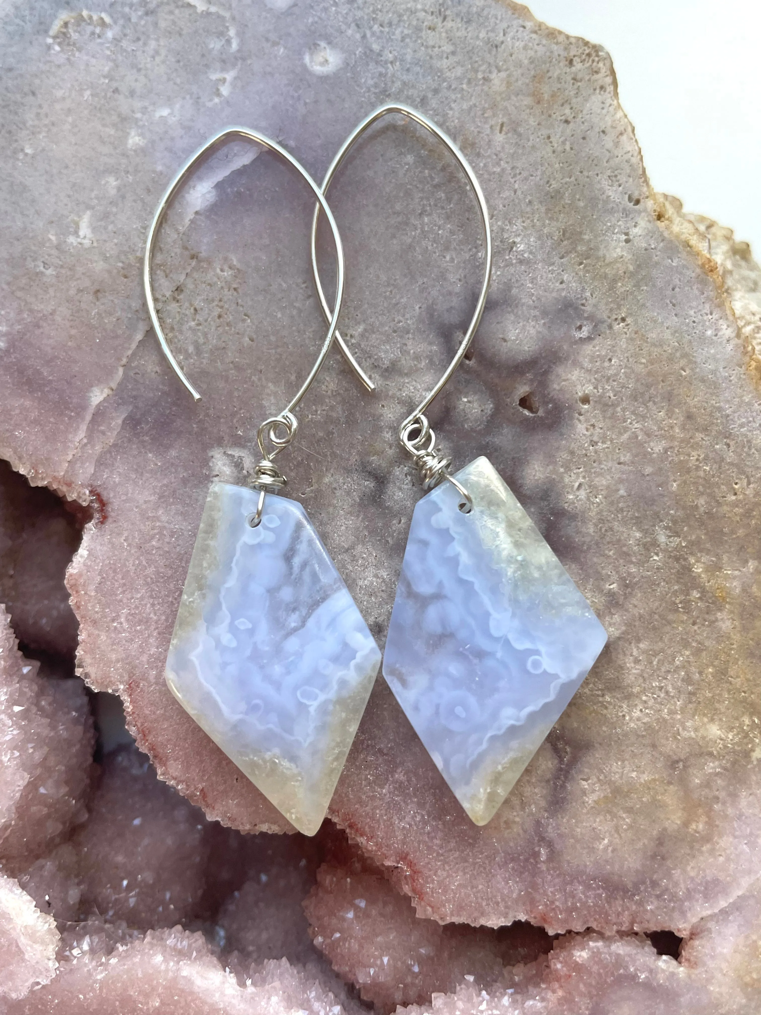 Blue Lace Agate Statement Earrings Sterling Silver