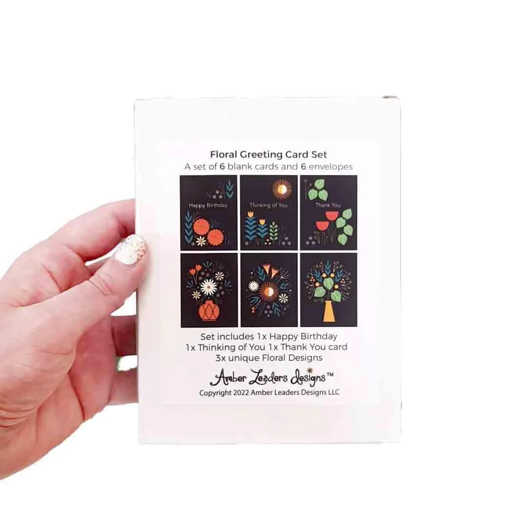 Card Set of 6 - Floral on Black by Amber Leaders Designs