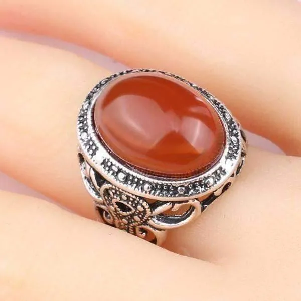 Carnelian Cabochon Silver Cocktail Ring