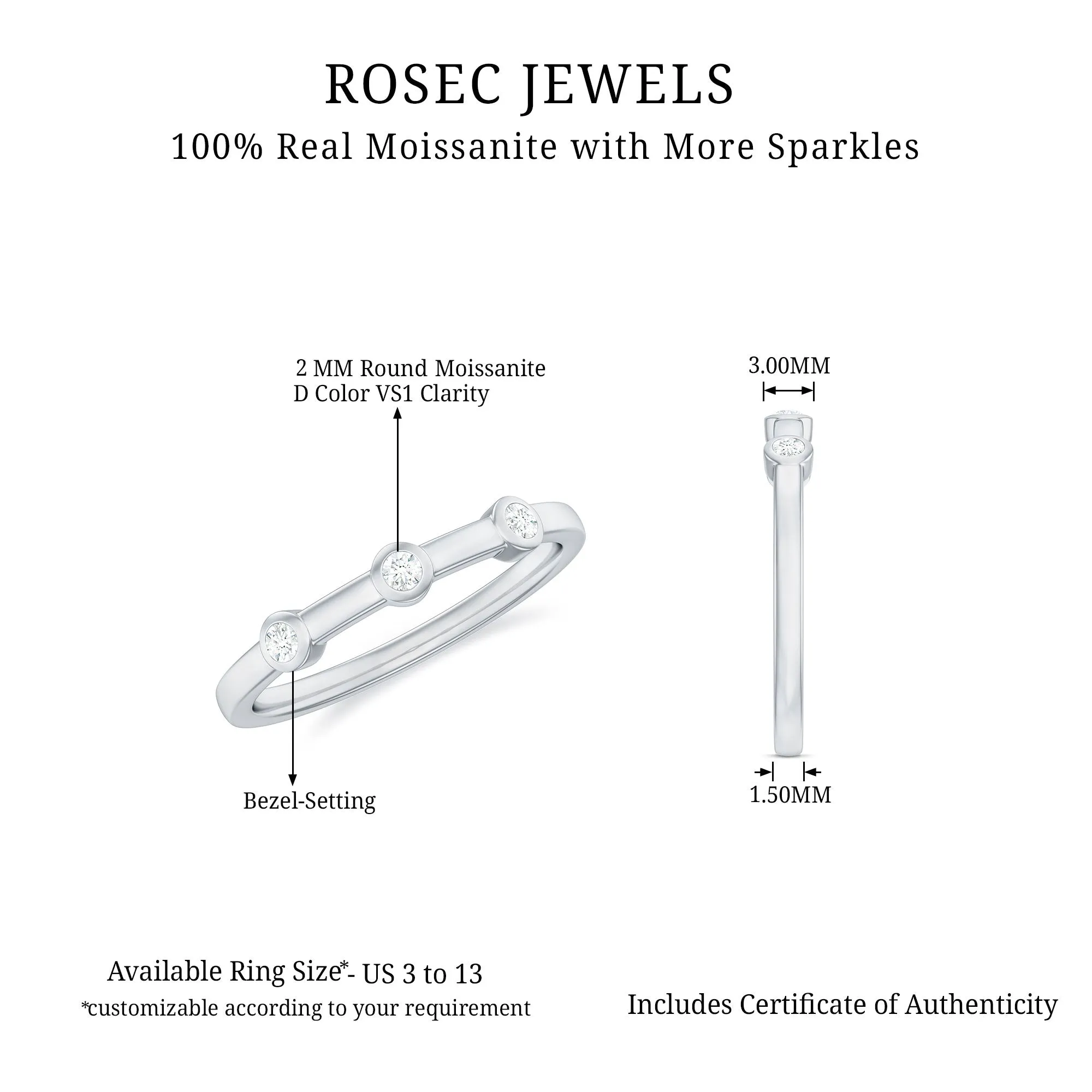 Certified Moissanite Three Stone Stackable Ring in Bezel Setting