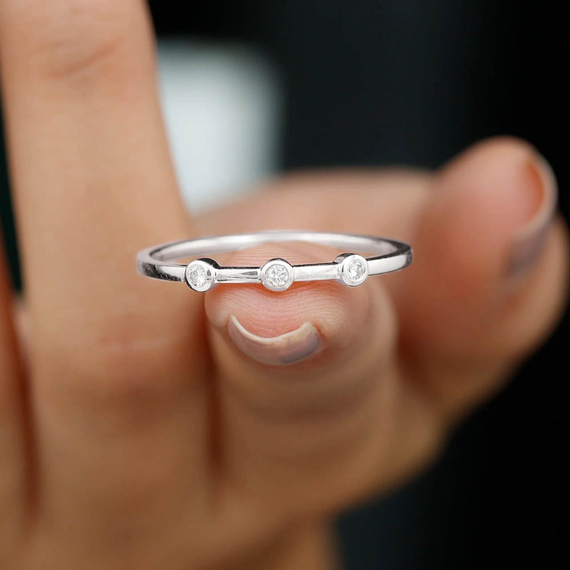 Certified Moissanite Three Stone Stackable Ring in Bezel Setting