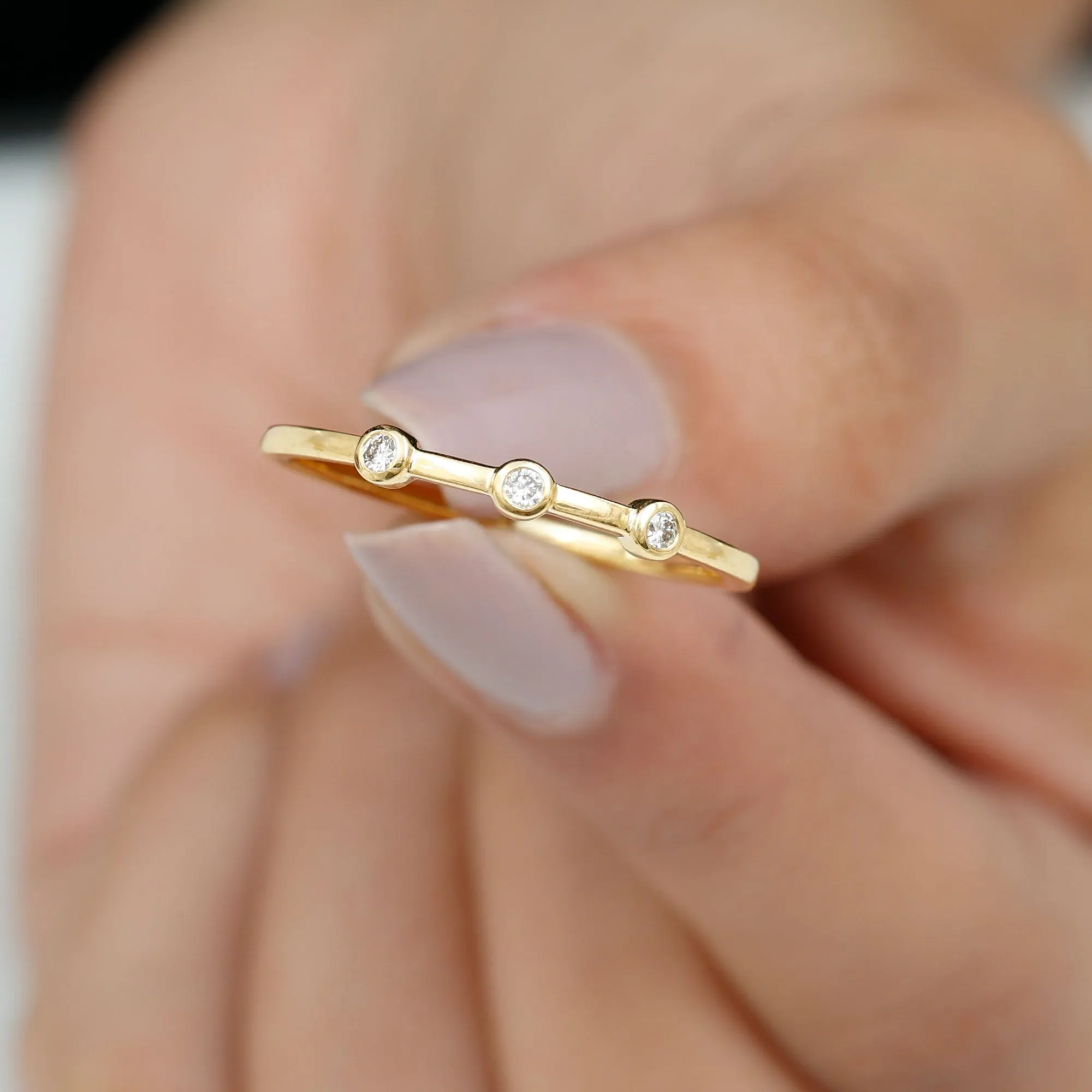 Certified Moissanite Three Stone Stackable Ring in Bezel Setting
