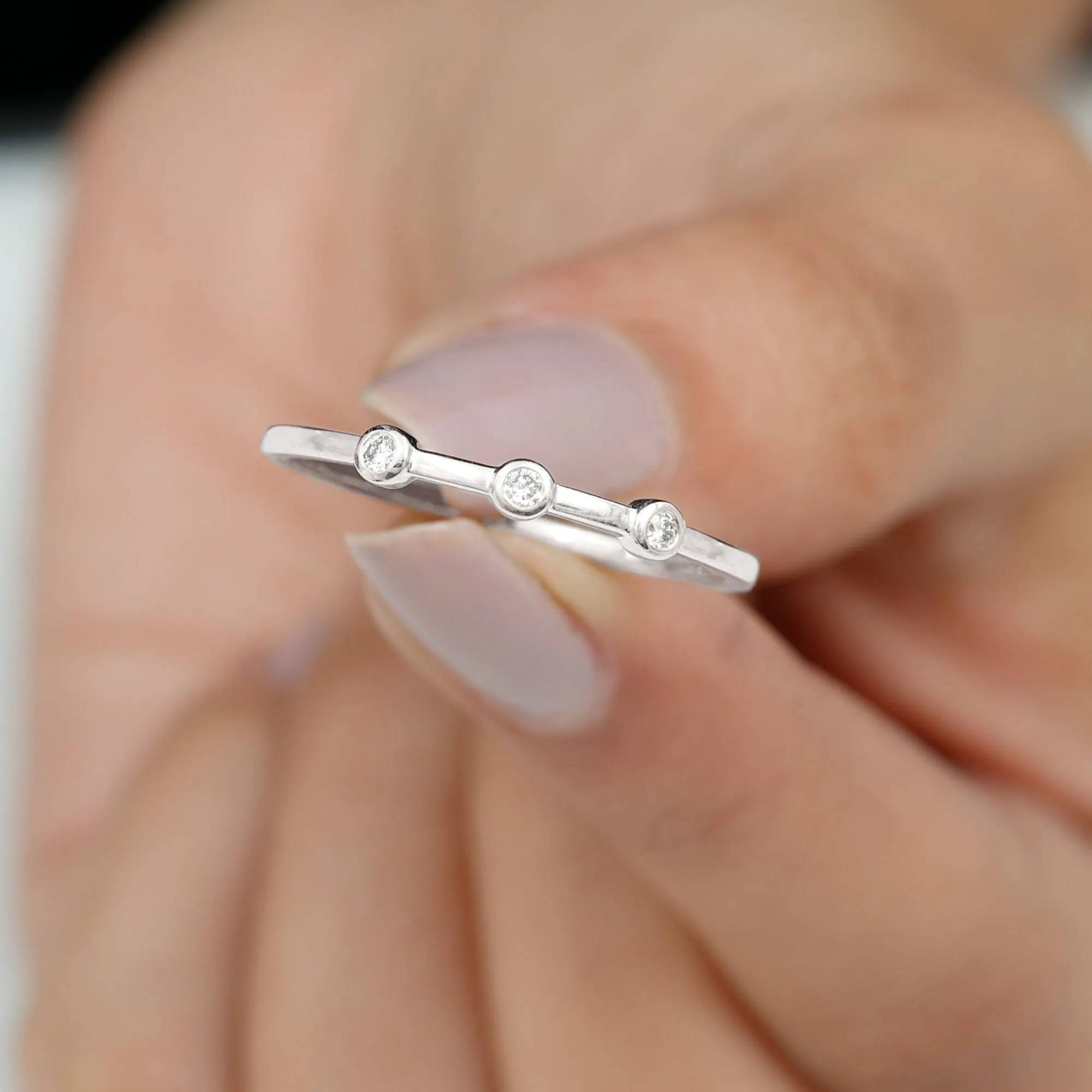 Certified Moissanite Three Stone Stackable Ring in Bezel Setting