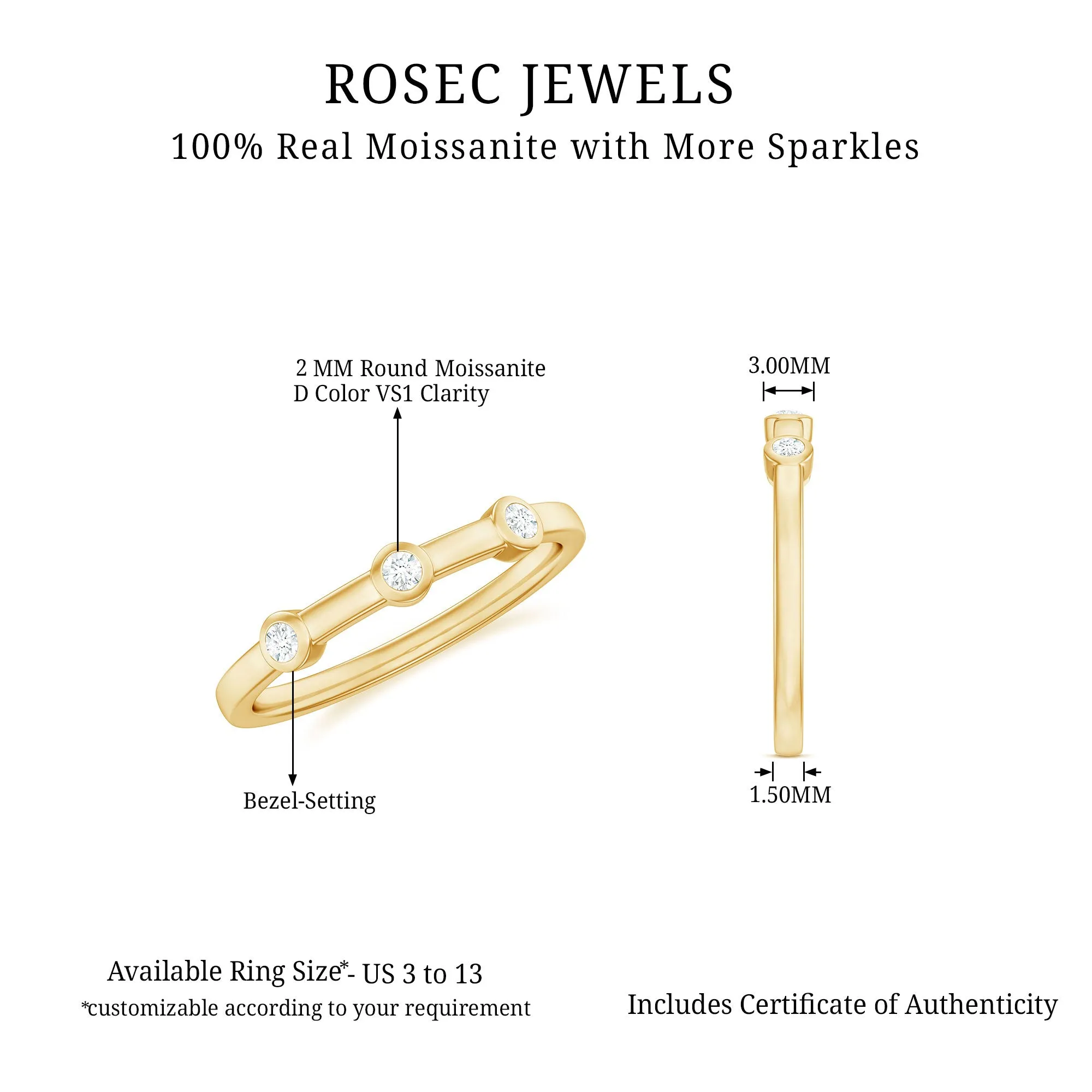 Certified Moissanite Three Stone Stackable Ring in Bezel Setting