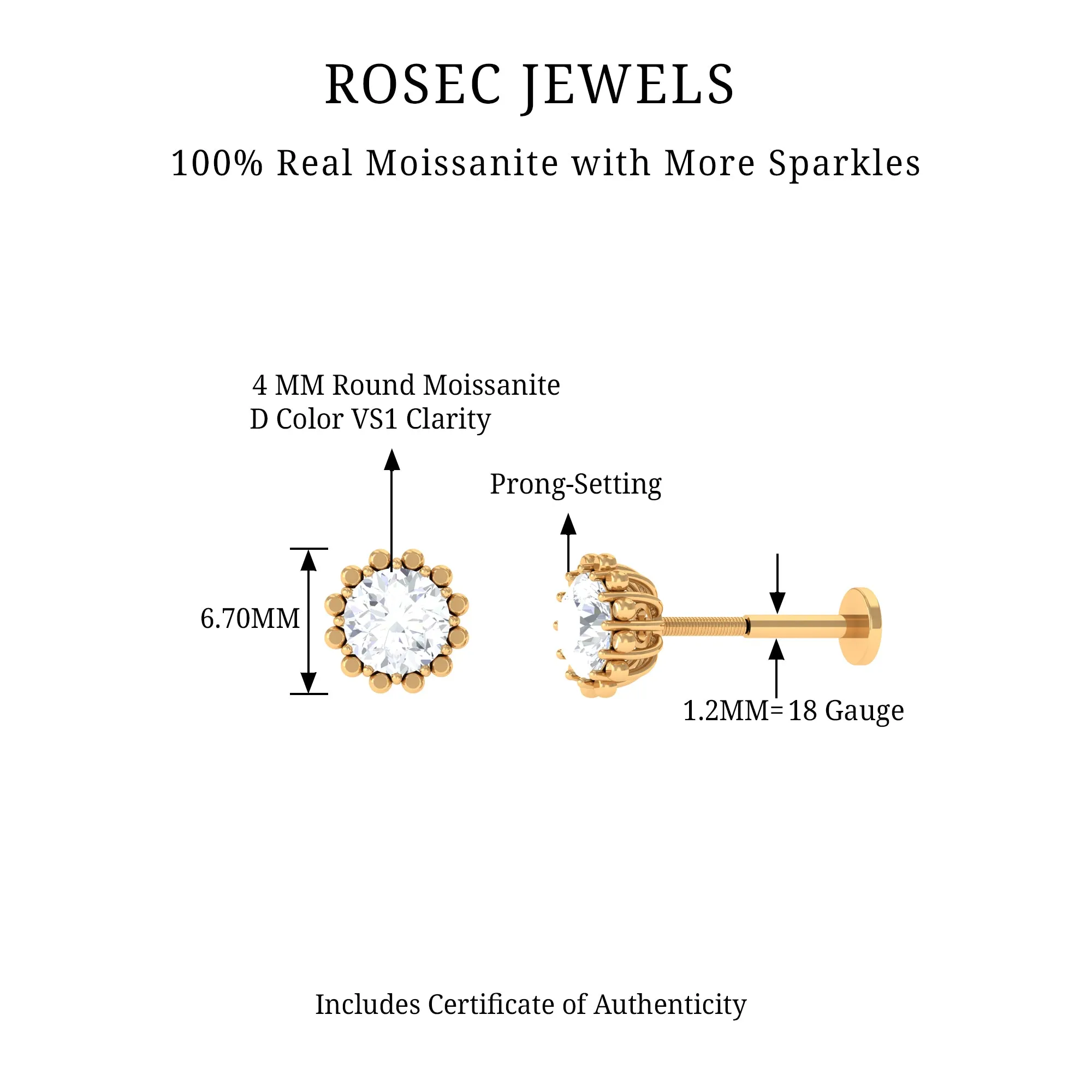 Certified Round Moissanite Simple Cartilage Earring