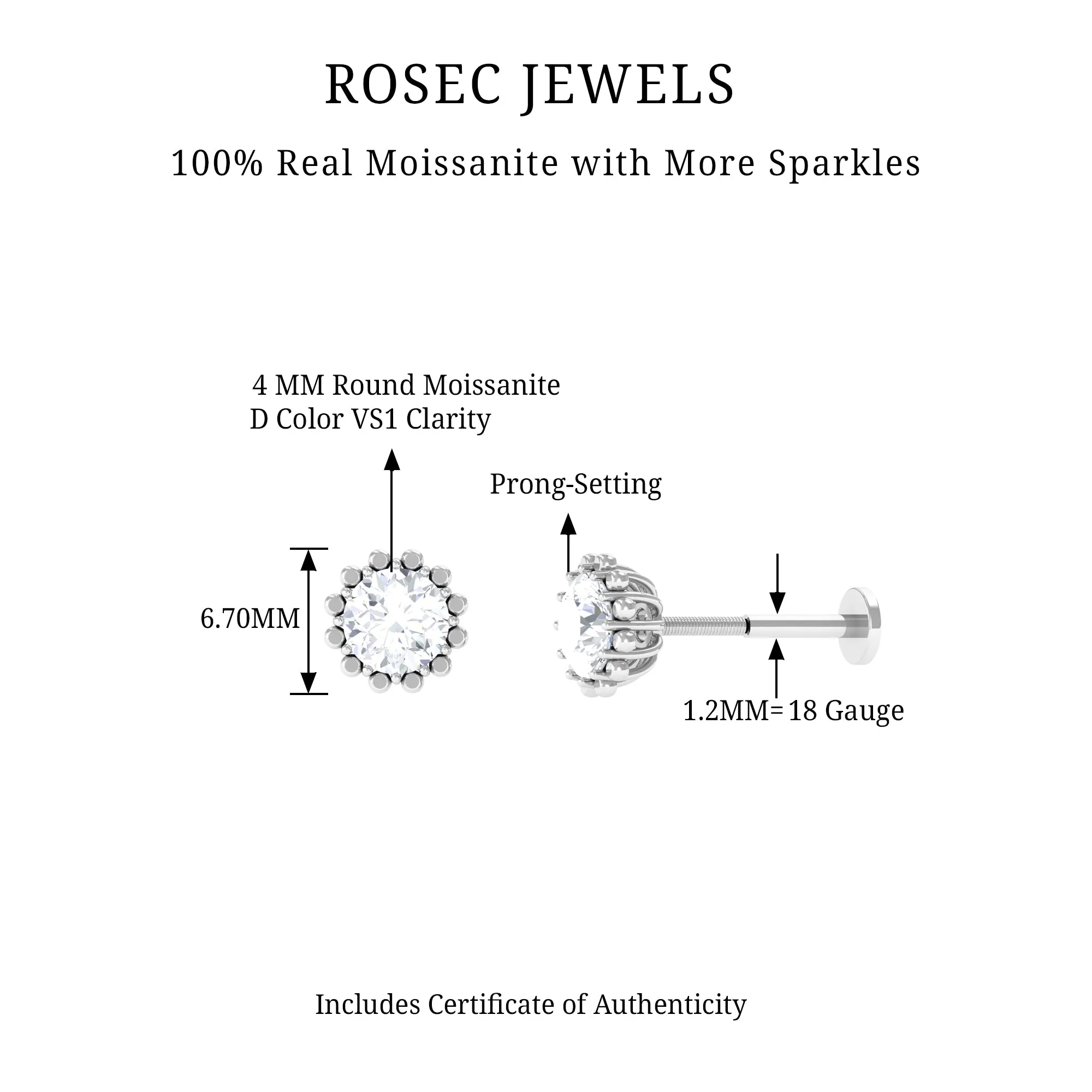 Certified Round Moissanite Simple Cartilage Earring