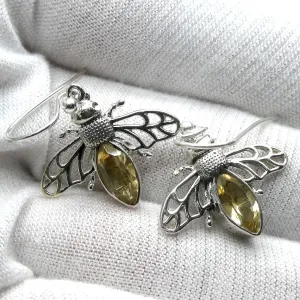 Citrine Bee Earrings, 925 Sterling Silver