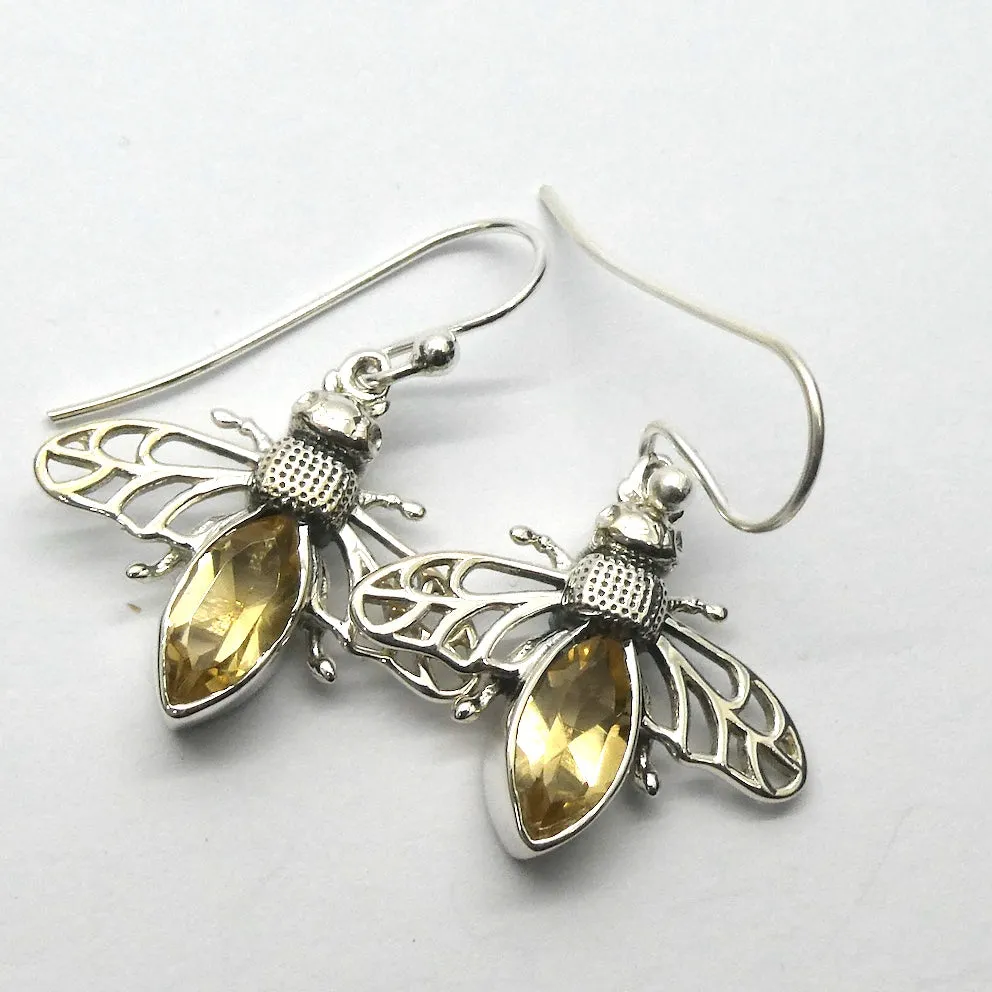 Citrine Bee Earrings, 925 Sterling Silver