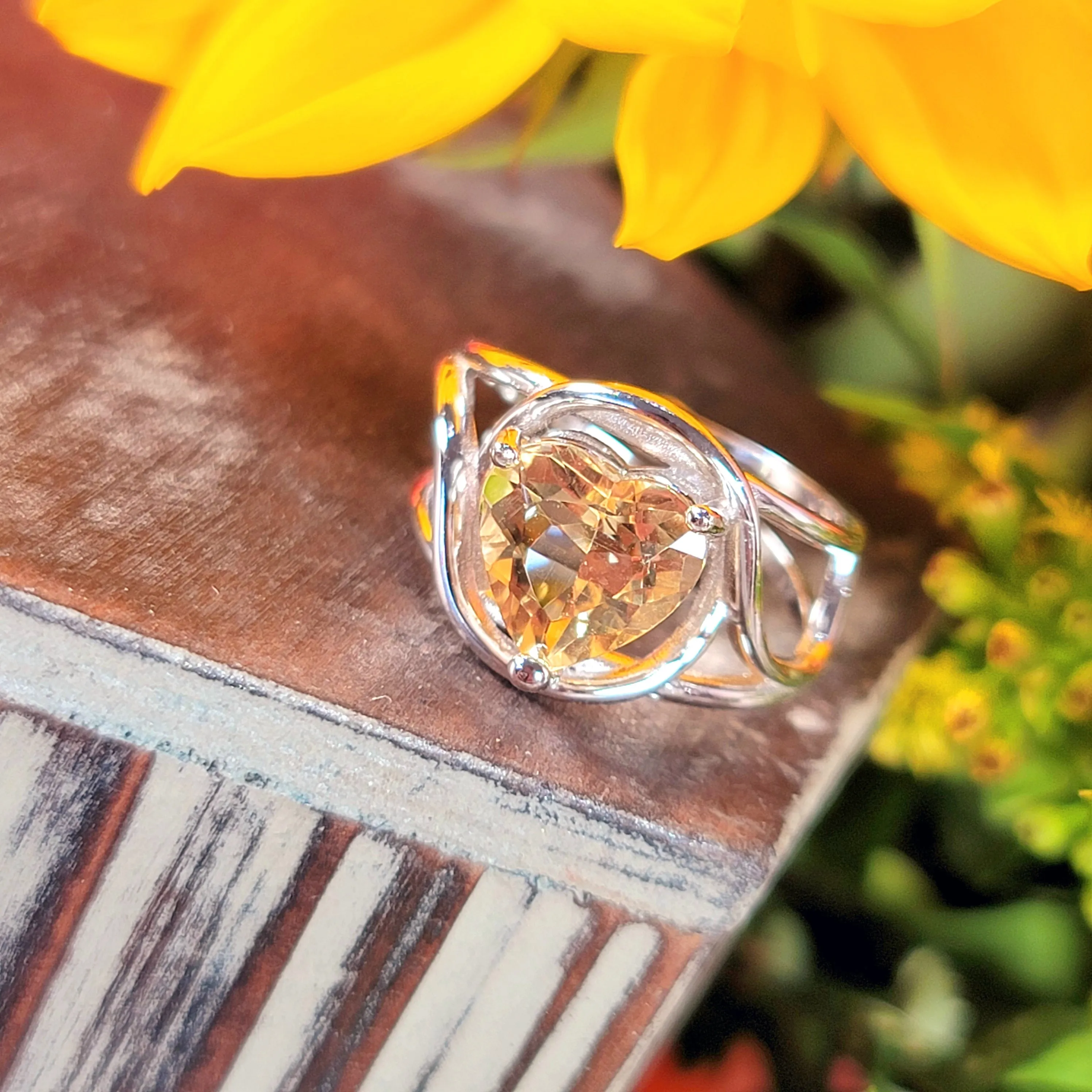 Citrine Heart Adjustable Finger Cuff Ring .925 Silver for Abundance, Good Luck and Positivity